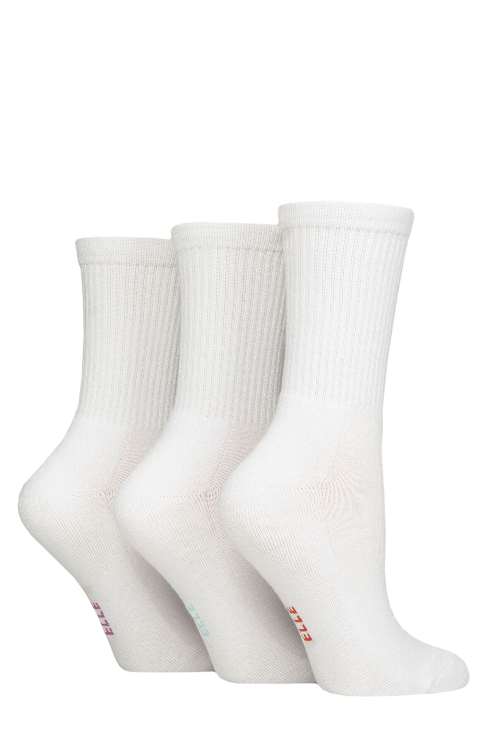 Women's 3 Pair Elle Half Cushion Bamboo Sports Socks Plain White 4-8