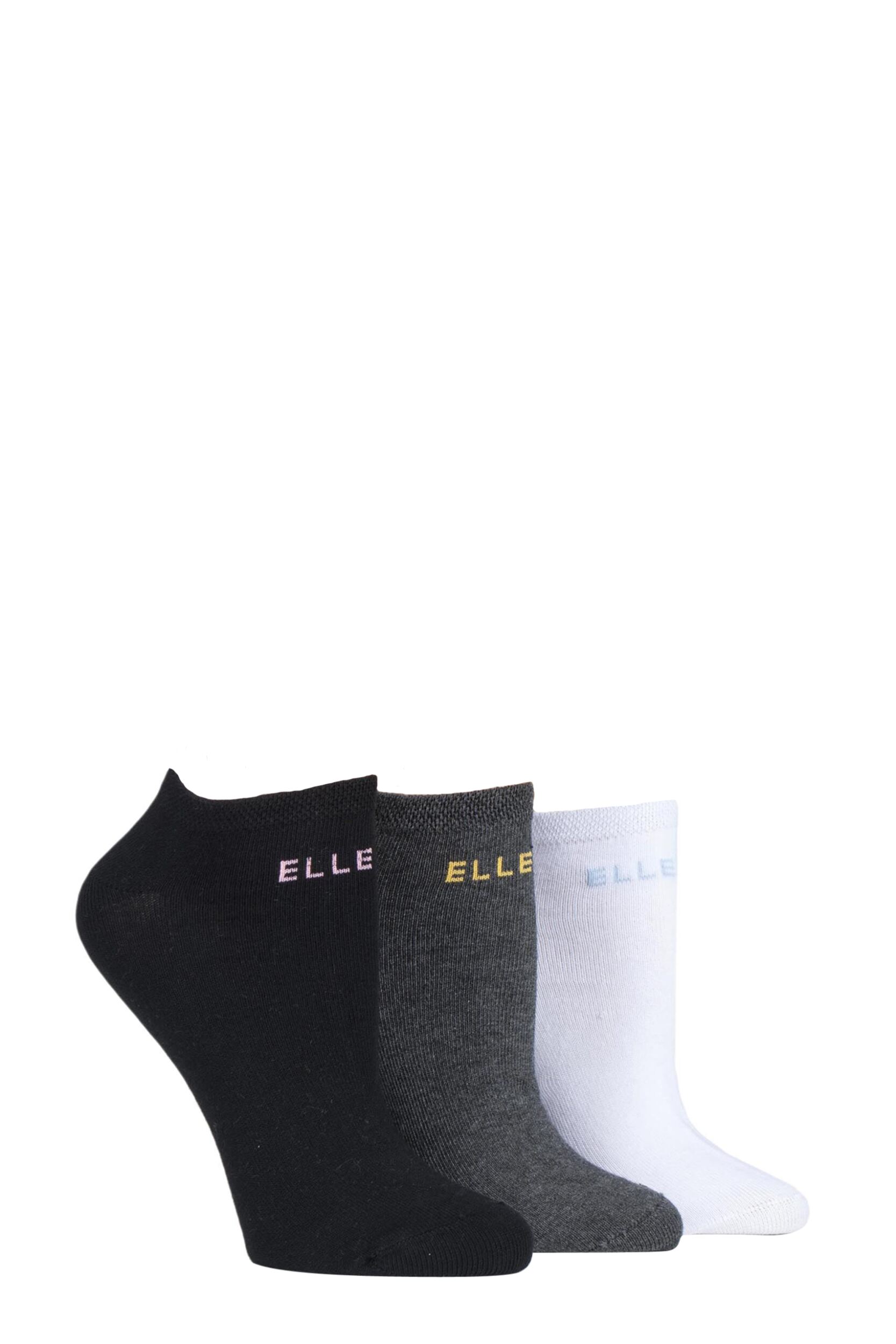 3 Pair Black / Charcoal / White Plain Cotton No-Show Trainer Socks Ladies 4-8 Ladies - Elle