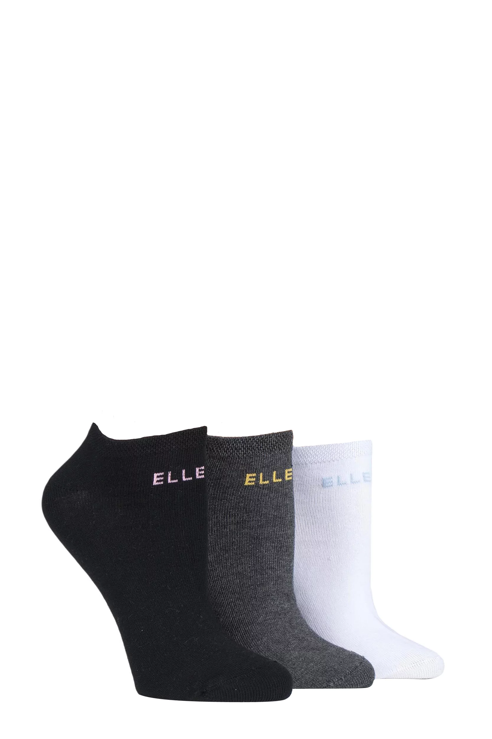3 Pair Black / Charcoal / White Plain Cotton No-Show Trainer Socks Ladies 4-8 Ladies - Elle