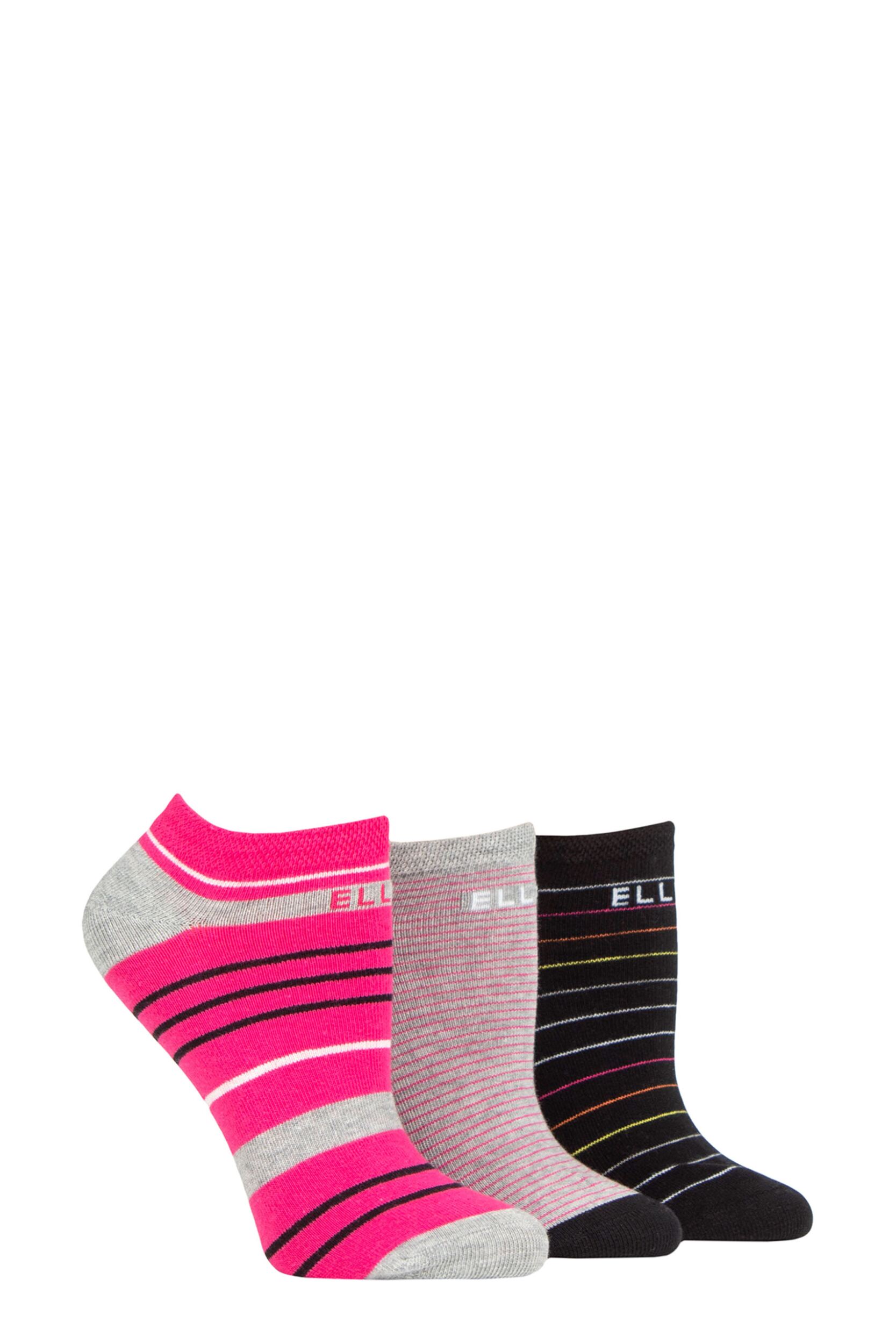 Women's 3 Pair Elle Plain, Stripe and Patterned Cotton No-Show Socks Tropical Pink Stripe 4-8 Ladies