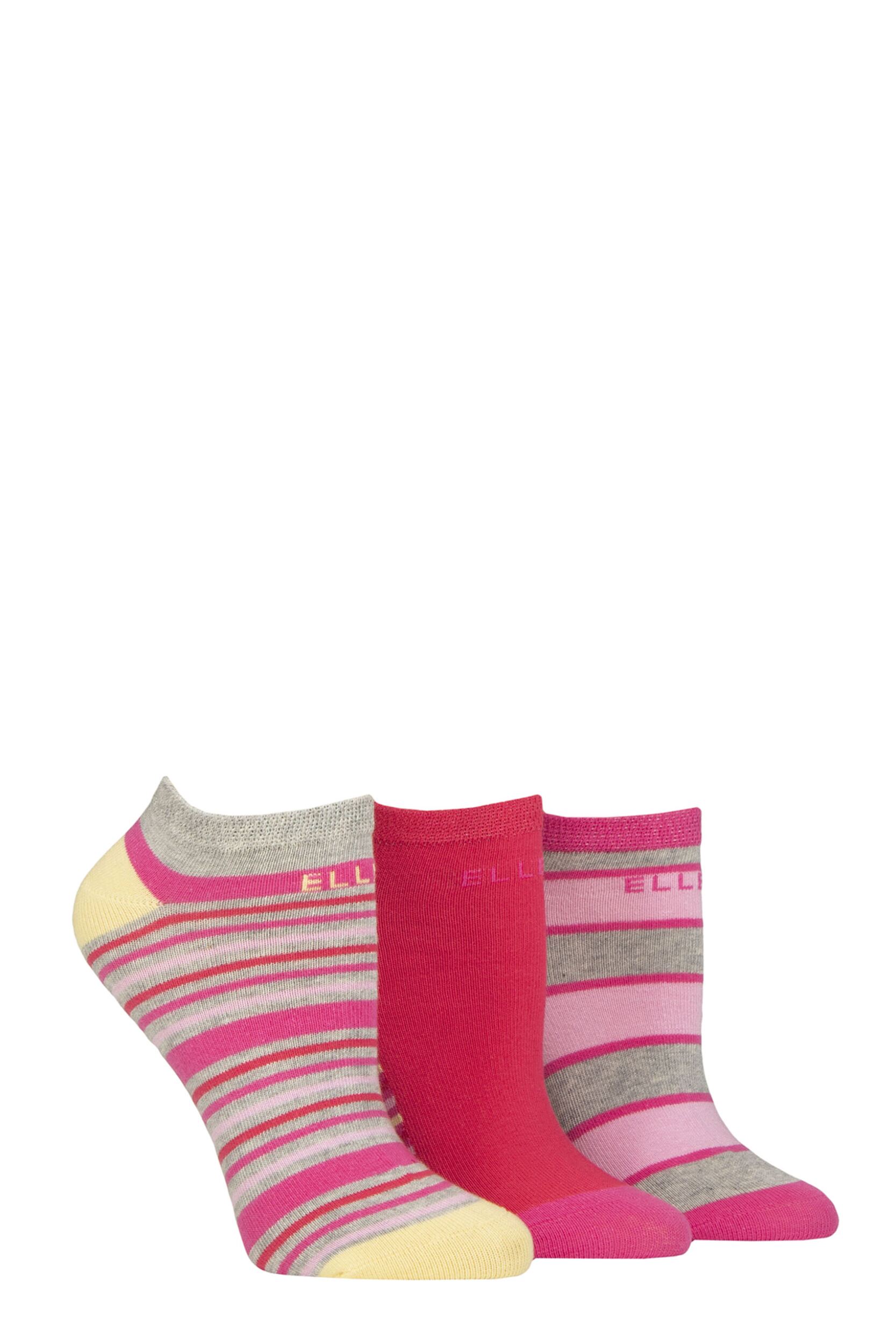 Women's 3 Pair Elle Plain, Stripe and Patterned Cotton No-Show Socks Cherry Fizz Striped 4-8