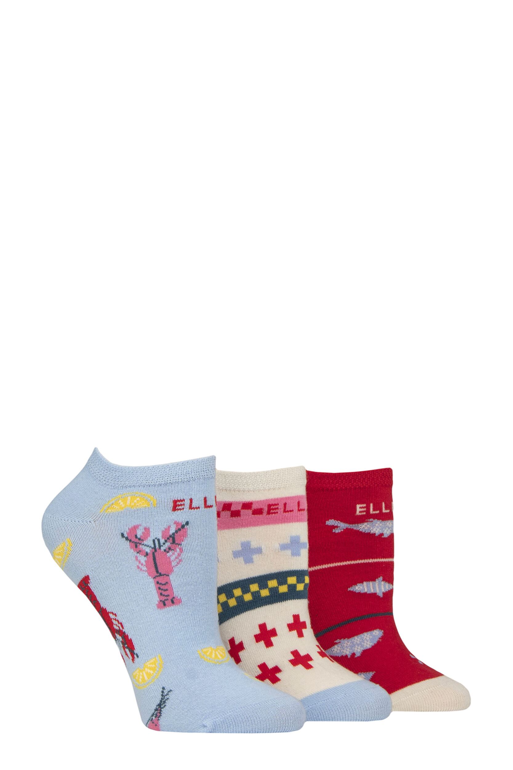 Women's 3 Pair Elle Plain, Stripe and Patterned Cotton No-Show Socks Seafarer Patterned 4-8