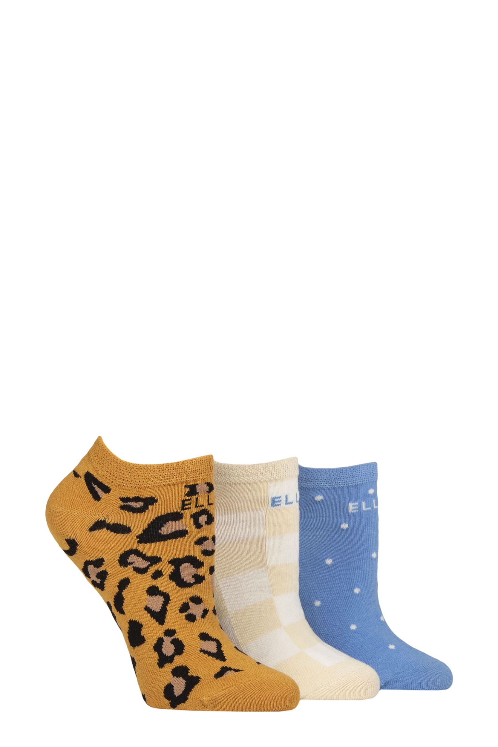 Women's 3 Pair Elle Plain, Stripe and Patterned Cotton No-Show Socks Leopard Noir Patterned 4-8