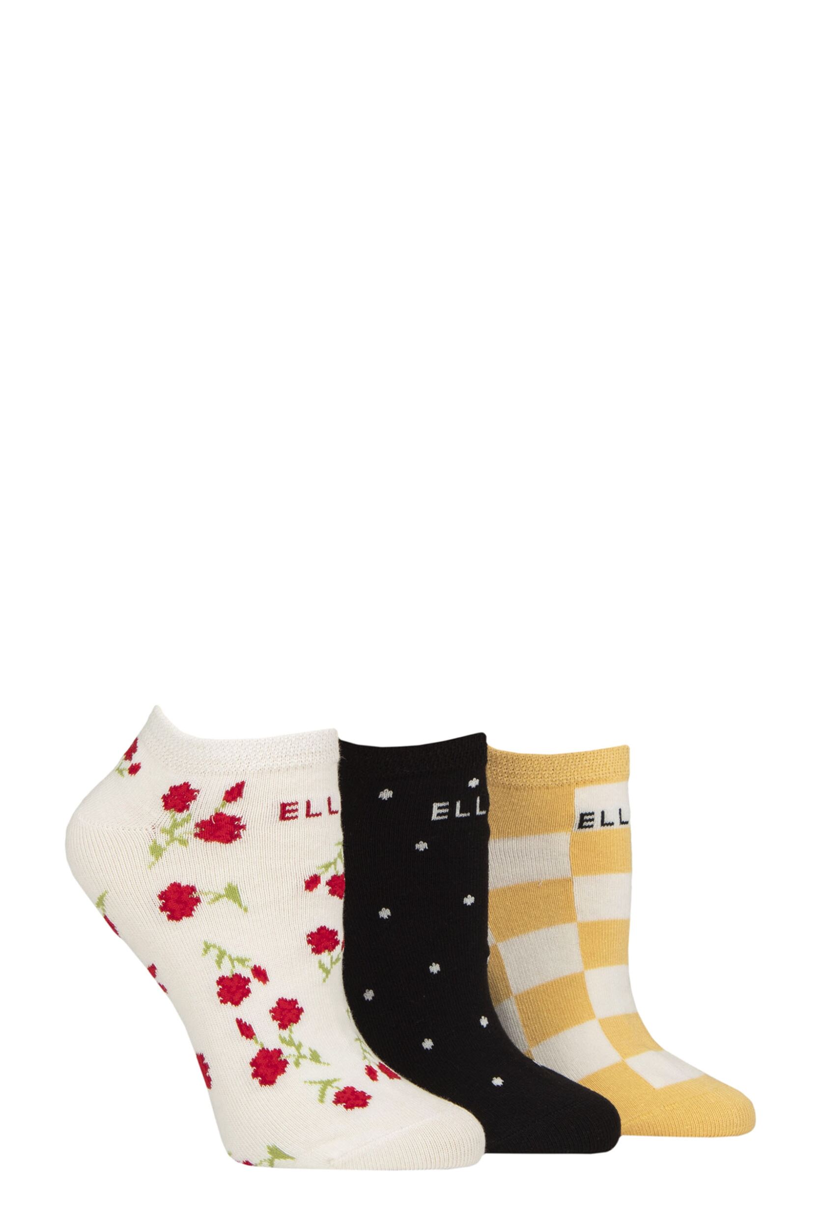 Women's 3 Pair Elle Plain, Stripe and Patterned Cotton No-Show Socks Parisian Rose Patterned 4-8