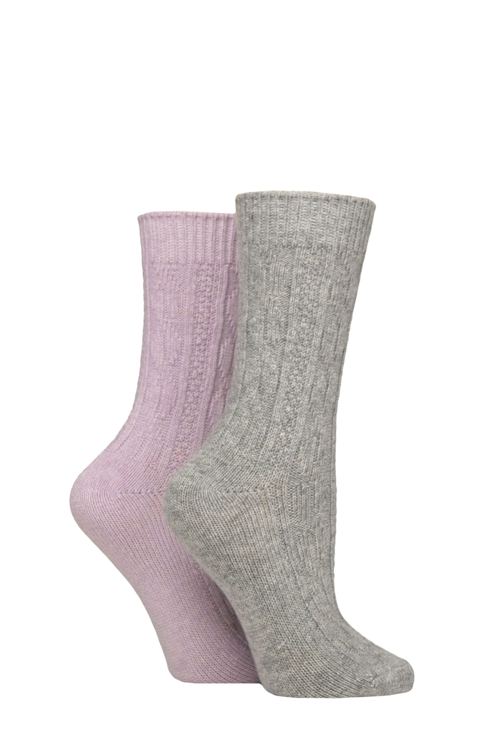 Women's 2 Pair Elle Cashmere and Merino Wool Blend Patterned Socks Cable Lilac / Grey 4-8