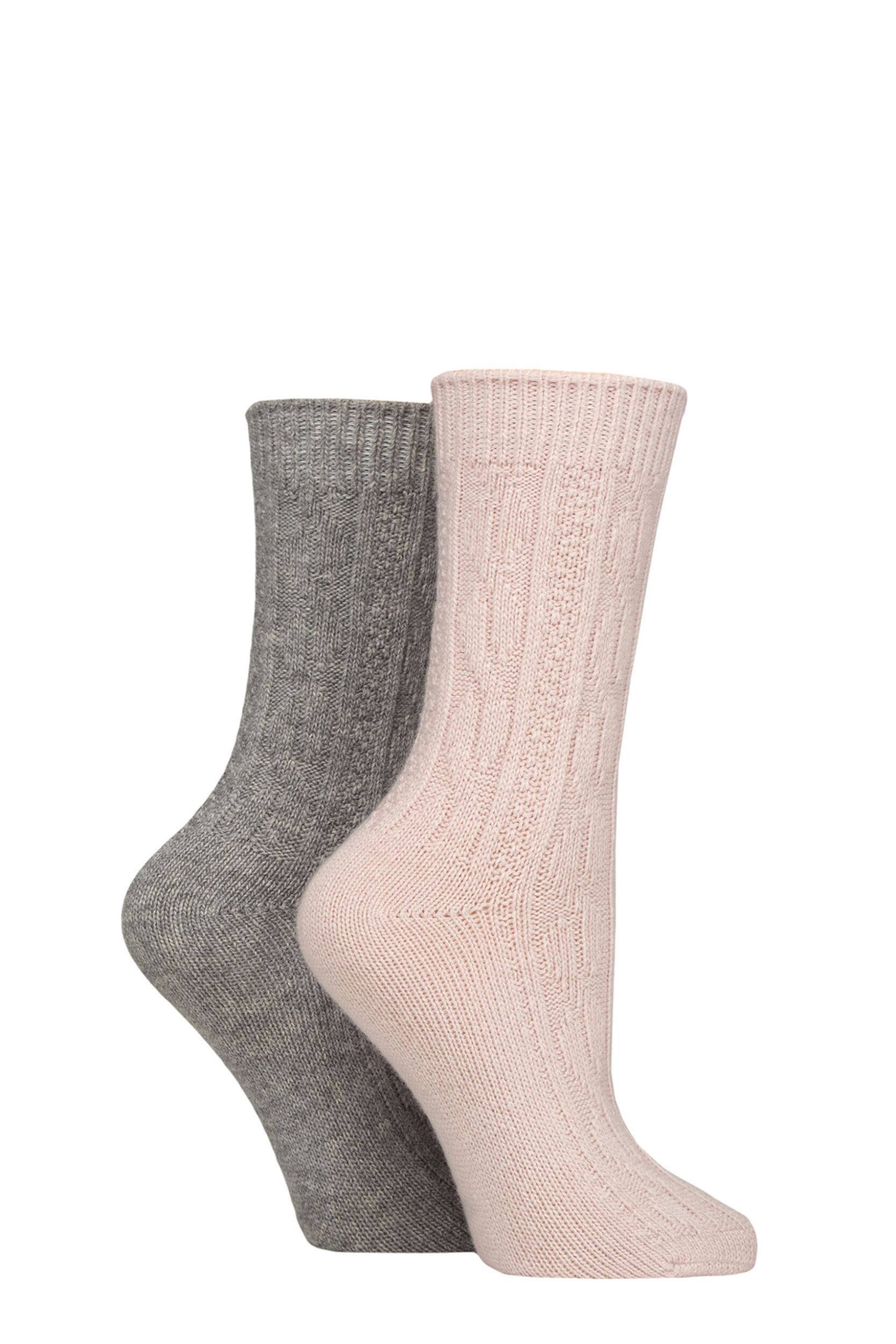 Women's 2 Pair Elle Cashmere and Merino Wool Blend Patterned Socks Cable Pale Pink / Grey 4-8