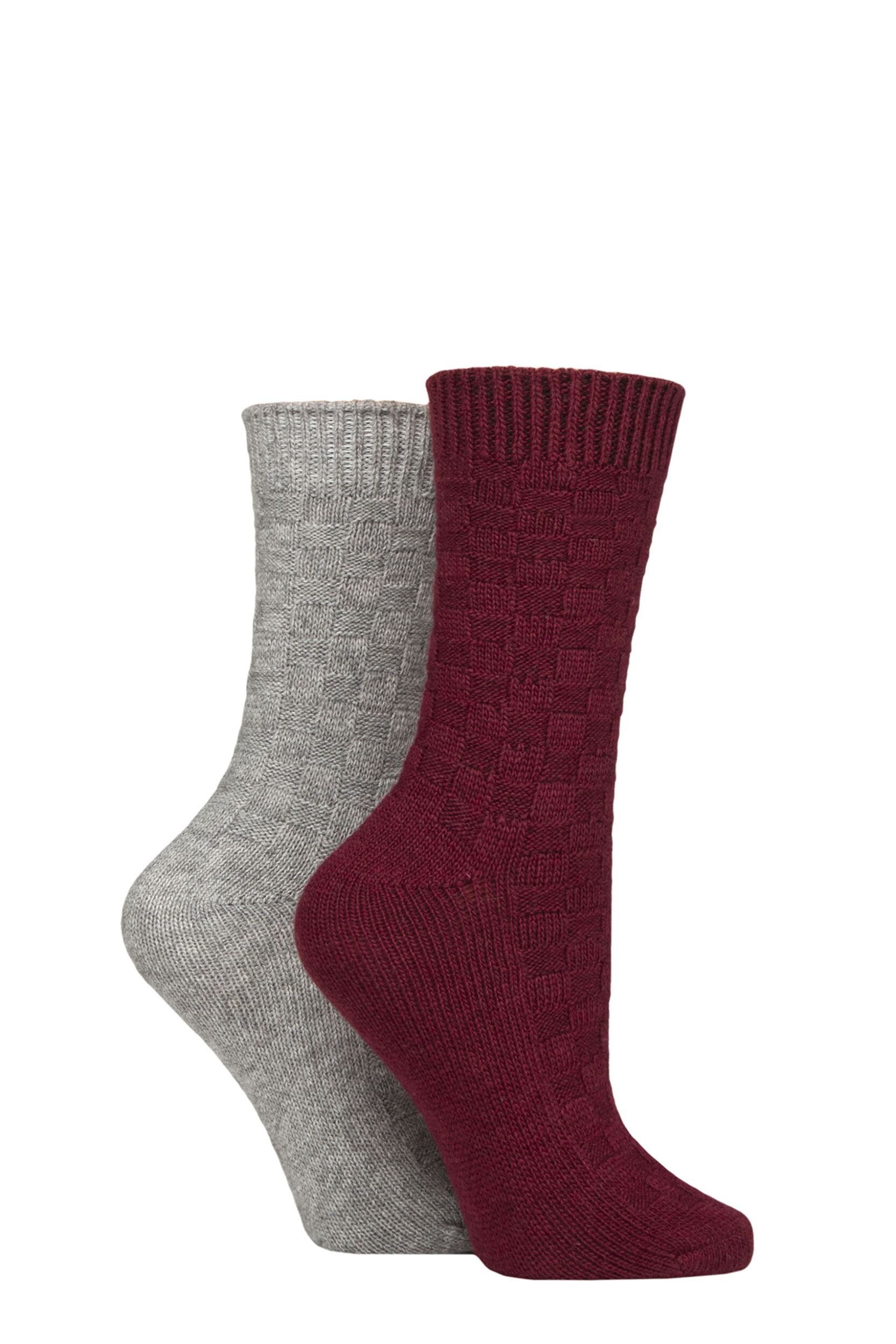 Women's 2 Pair Elle Cashmere and Merino Wool Blend Patterned Socks Burgundy / Grey Checkerboard 4-8