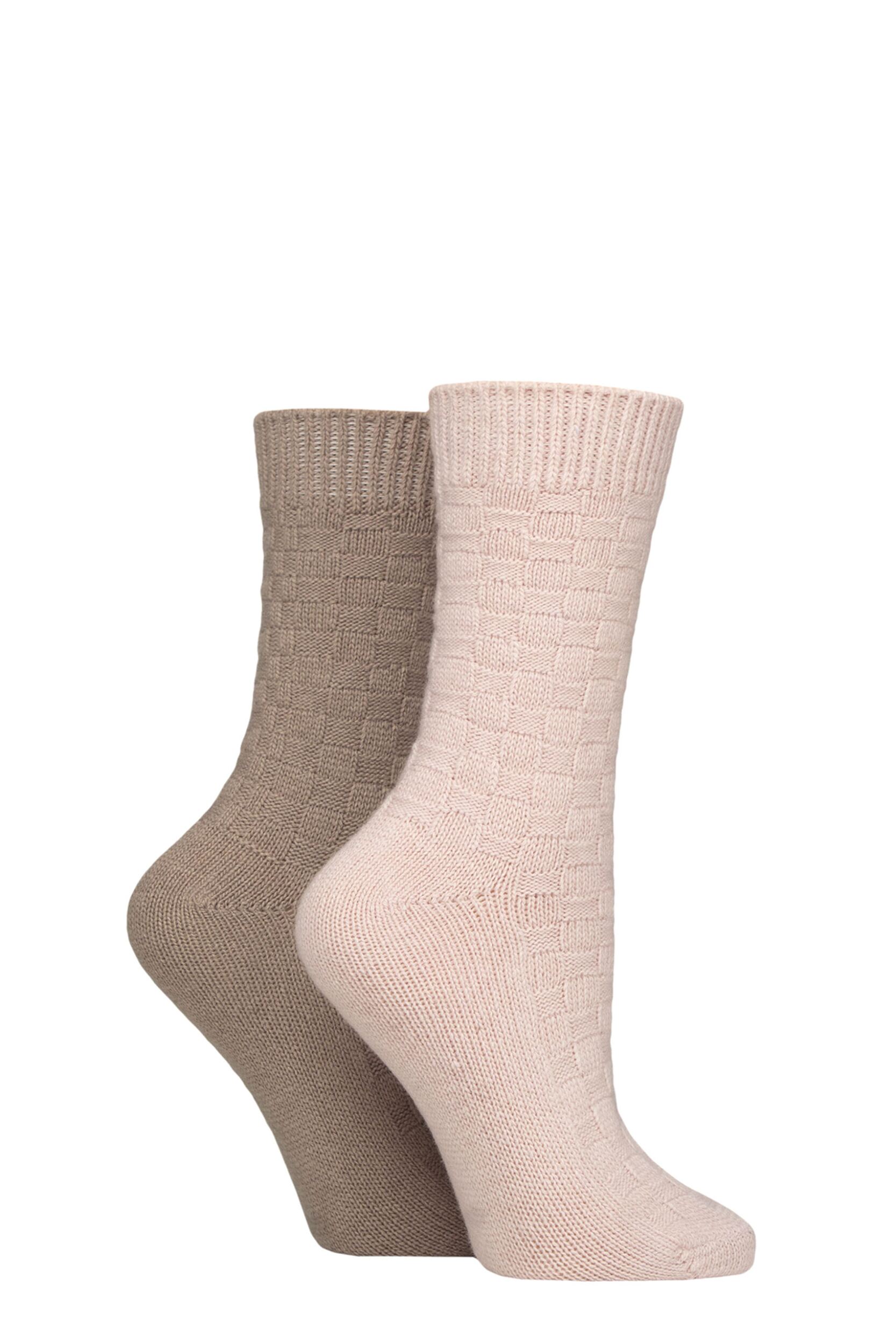 Women's 2 Pair Elle Cashmere and Merino Wool Blend Patterned Socks Dusky Rose Checkerboard 4-8