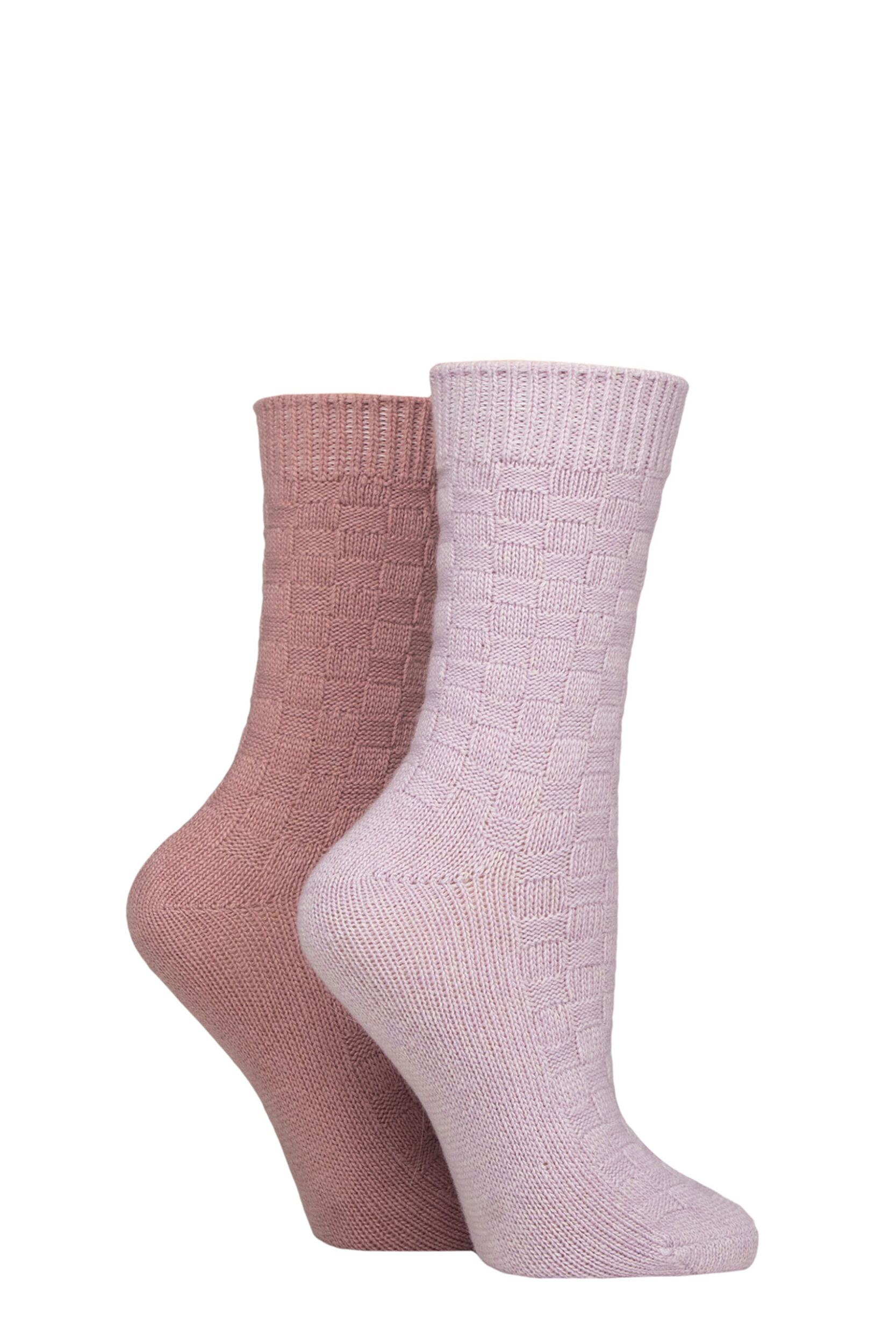 Women's 2 Pair Elle Cashmere and Merino Wool Blend Patterned Socks Rose / Lilac Checkerboard 4-8