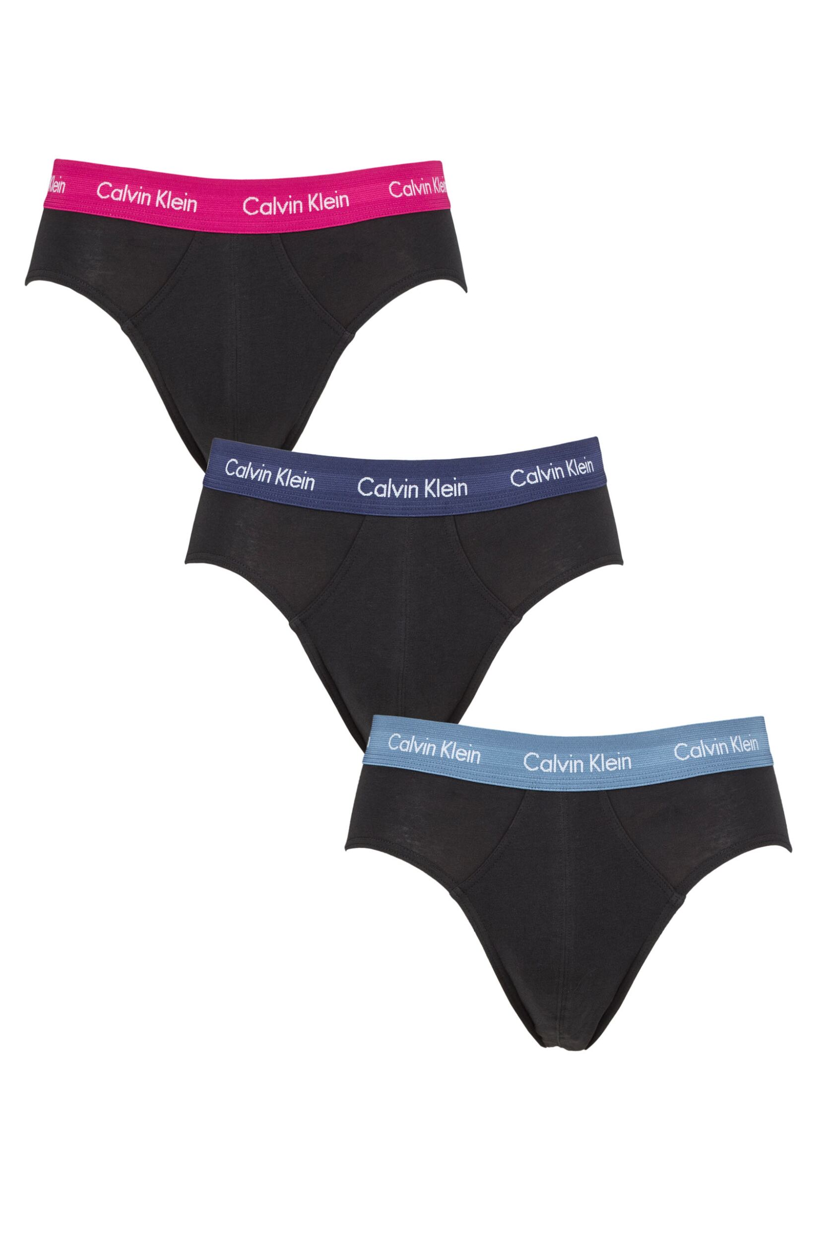 Mens 3 Pack Calvin Klein Cotton Stretch Hip Briefs Plumberry / Chino Blue / Riverbed Extra Small