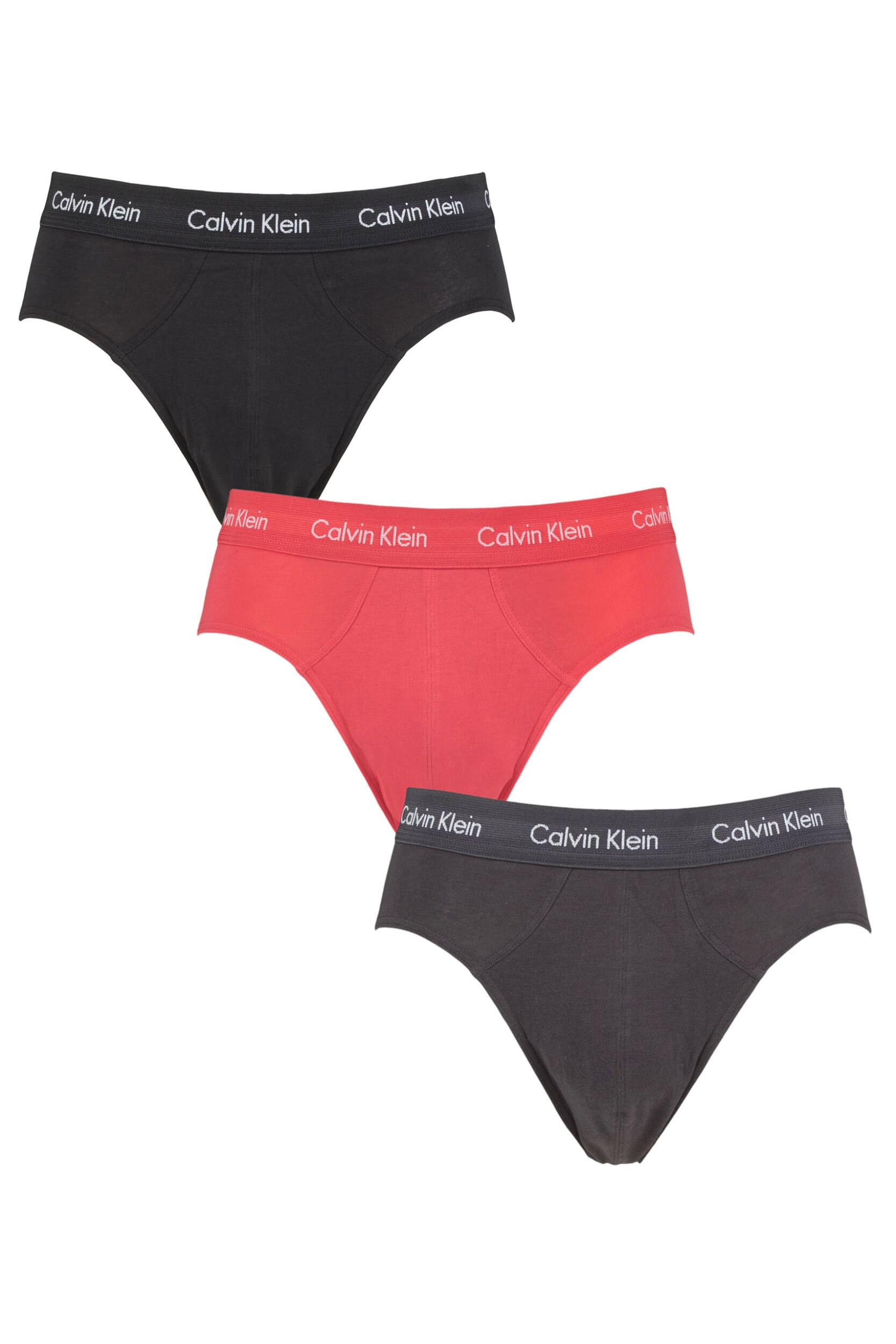 Mens 3 Pack Calvin Klein Cotton Stretch Hip Briefs Black / Coral / Phantom Extra Small