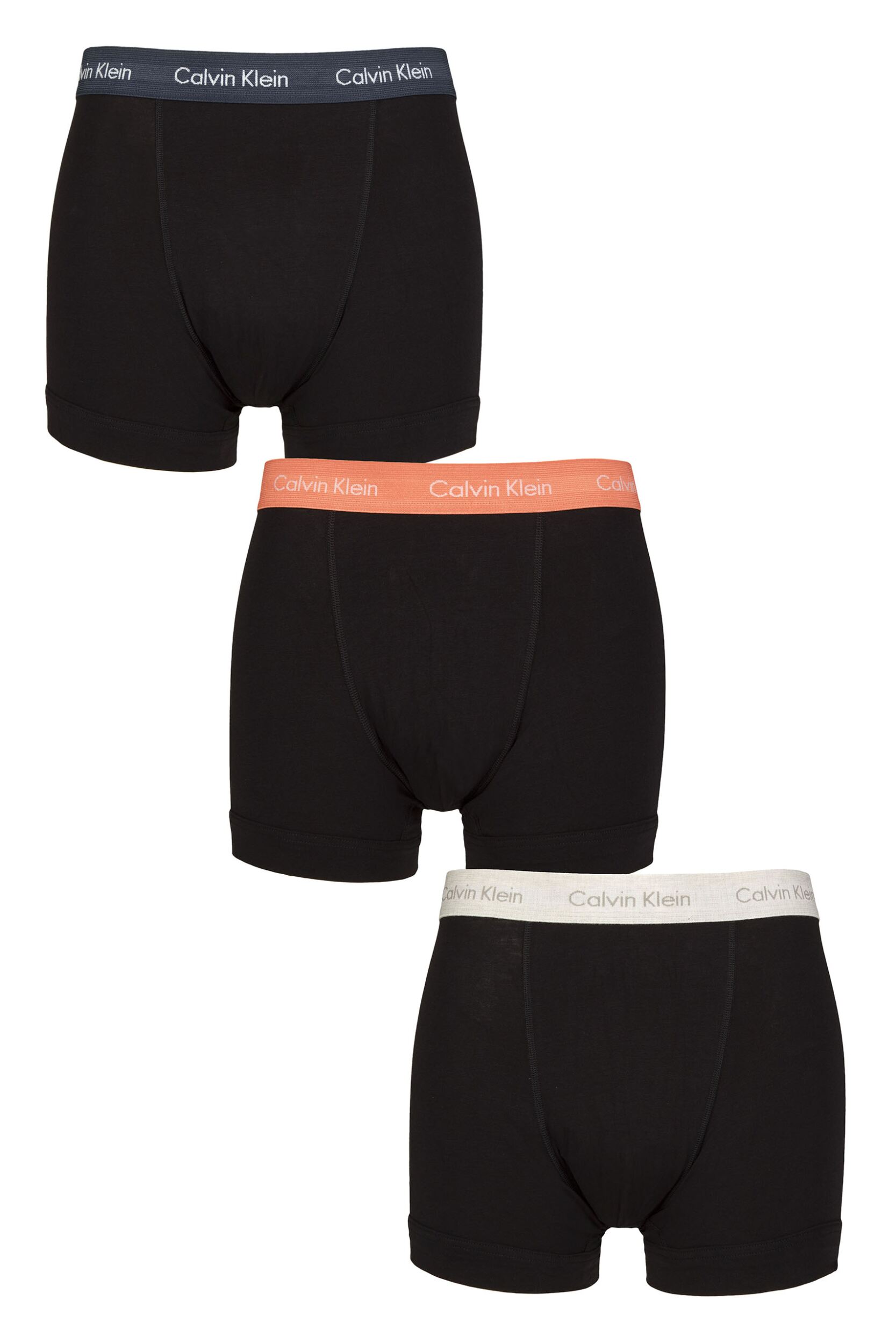 Image of Mens 3 Pack Calvin Klein Cotton Stretch Trunks Black Ink / Coral / Snow XL
