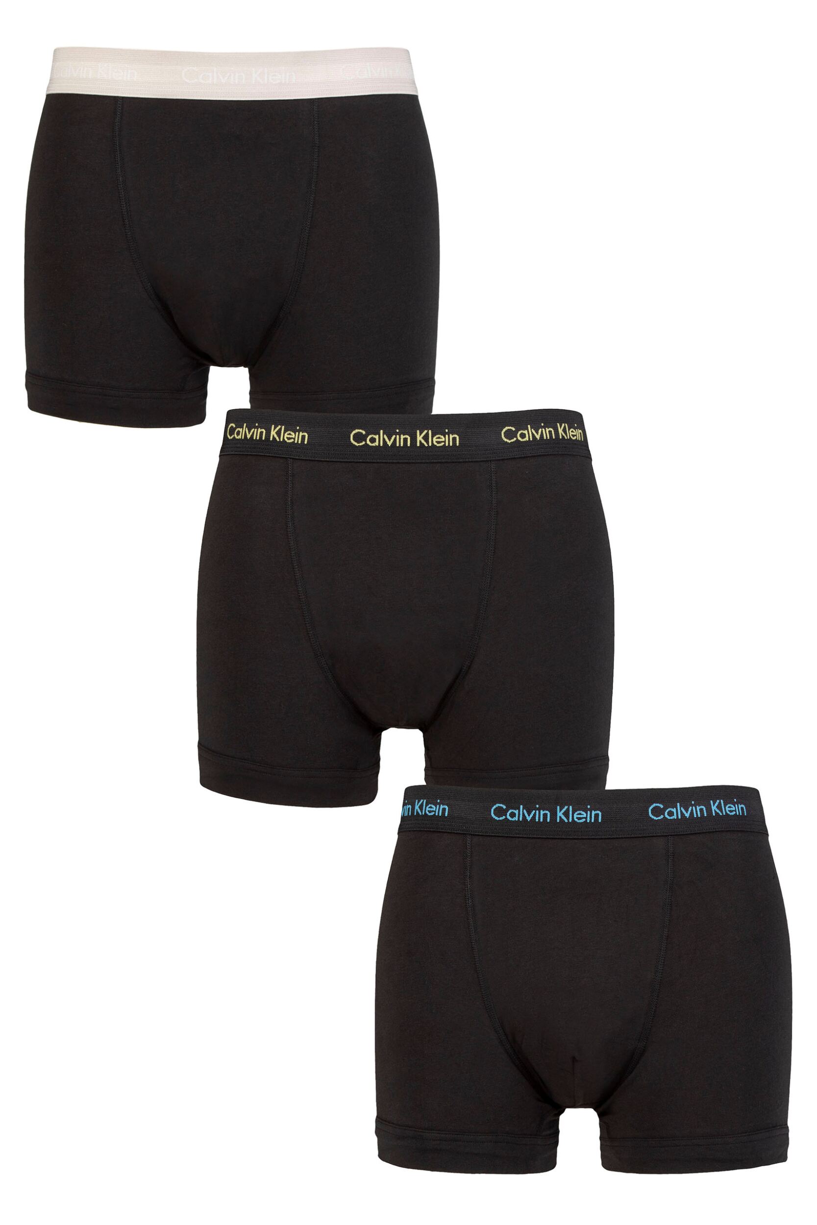 Mens 3 Pack Calvin Klein Cotton Stretch Trunks Black / Ocean Storm XS