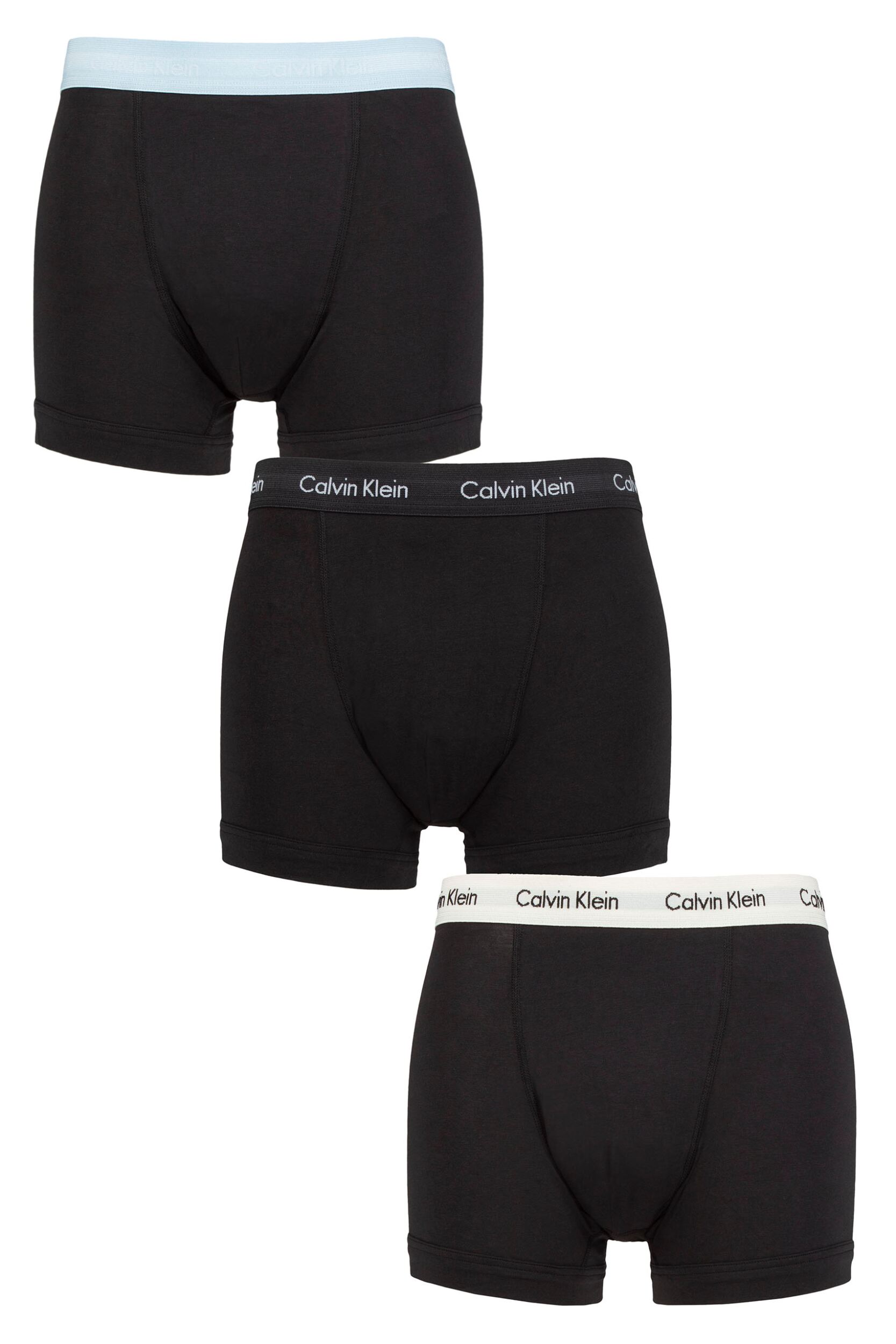 Image of Mens 3 Pack Calvin Klein Cotton Stretch Trunks Black / Rain Dance XS