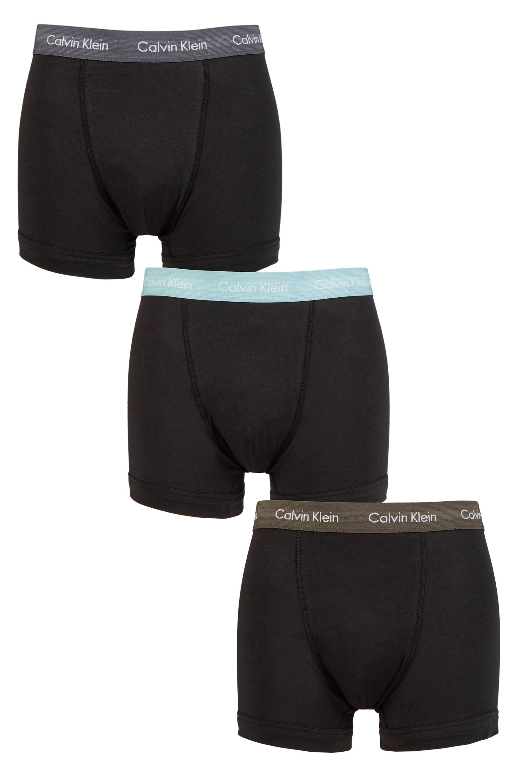 Image of Mens 3 Pack Calvin Klein Cotton Stretch Trunks Sleek Grey / Tourmaline / Olive XL