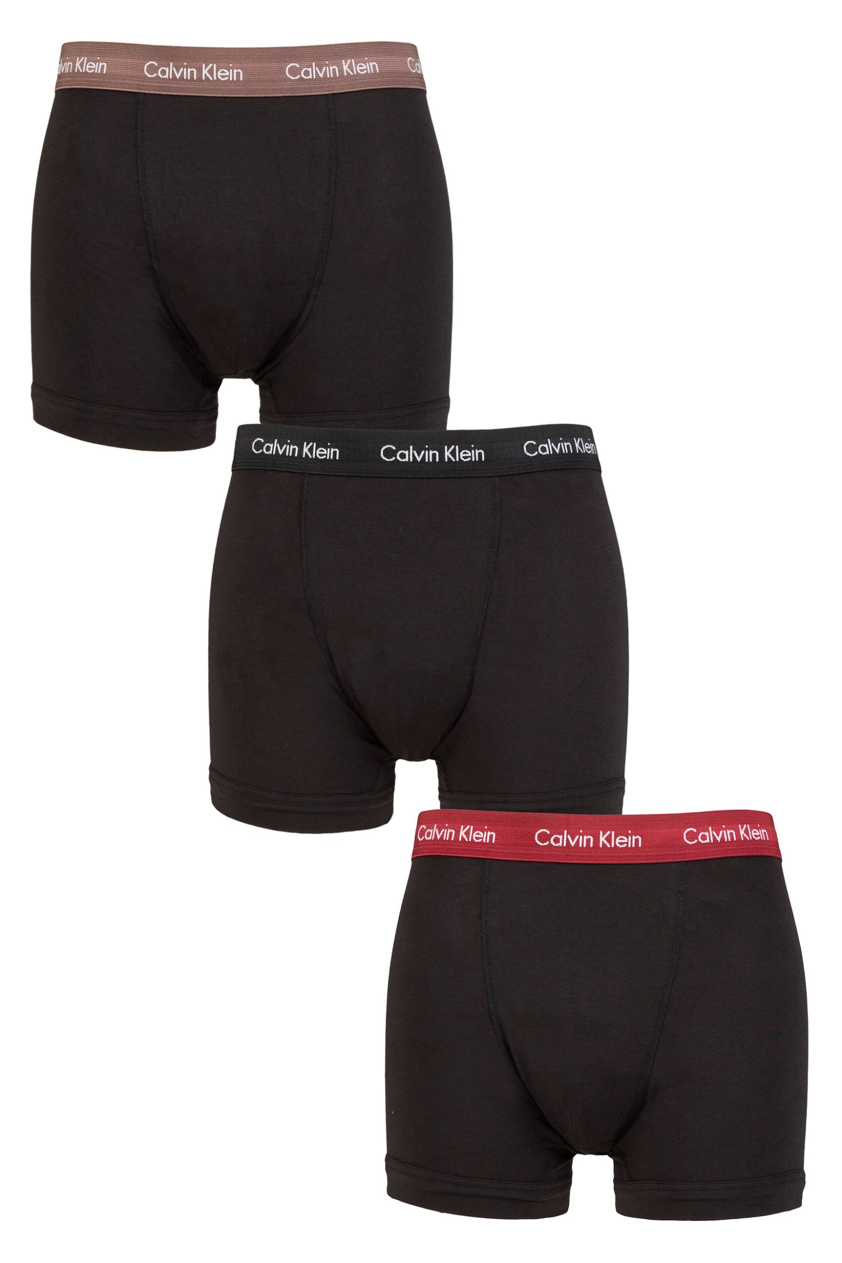 Mens 3 Pack Calvin Klein Cotton Stretch Trunks Camel / Black / Red Carpet XS