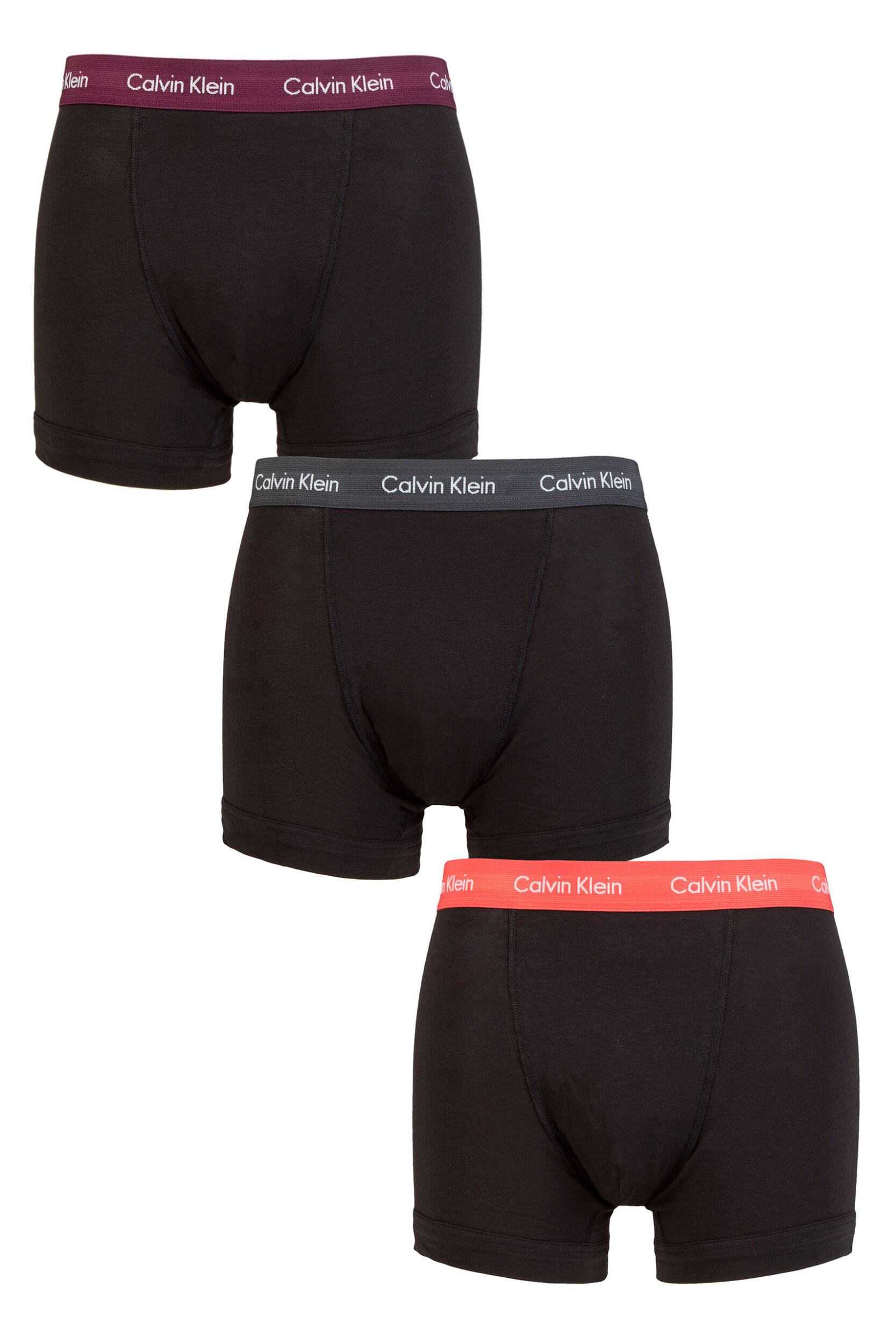 Image of Mens 3 Pack Calvin Klein Cotton Stretch Trunks Rhone / Charcoal / Orange S
