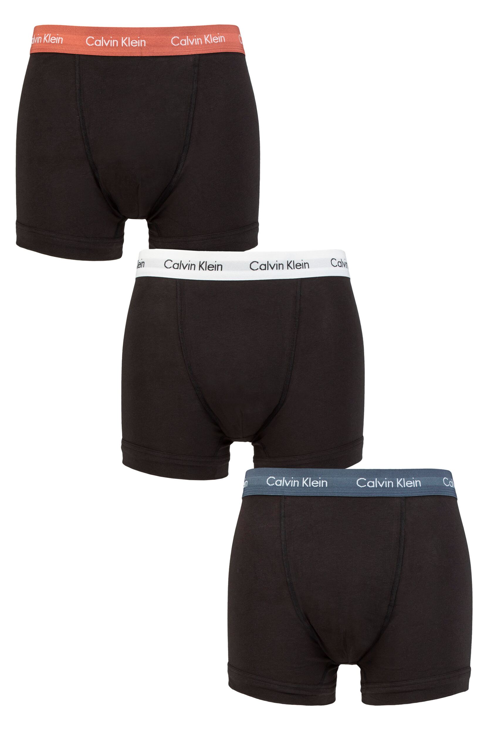 Image of Mens 3 Pack Calvin Klein Cotton Stretch Trunks Copper / White / Blue XS