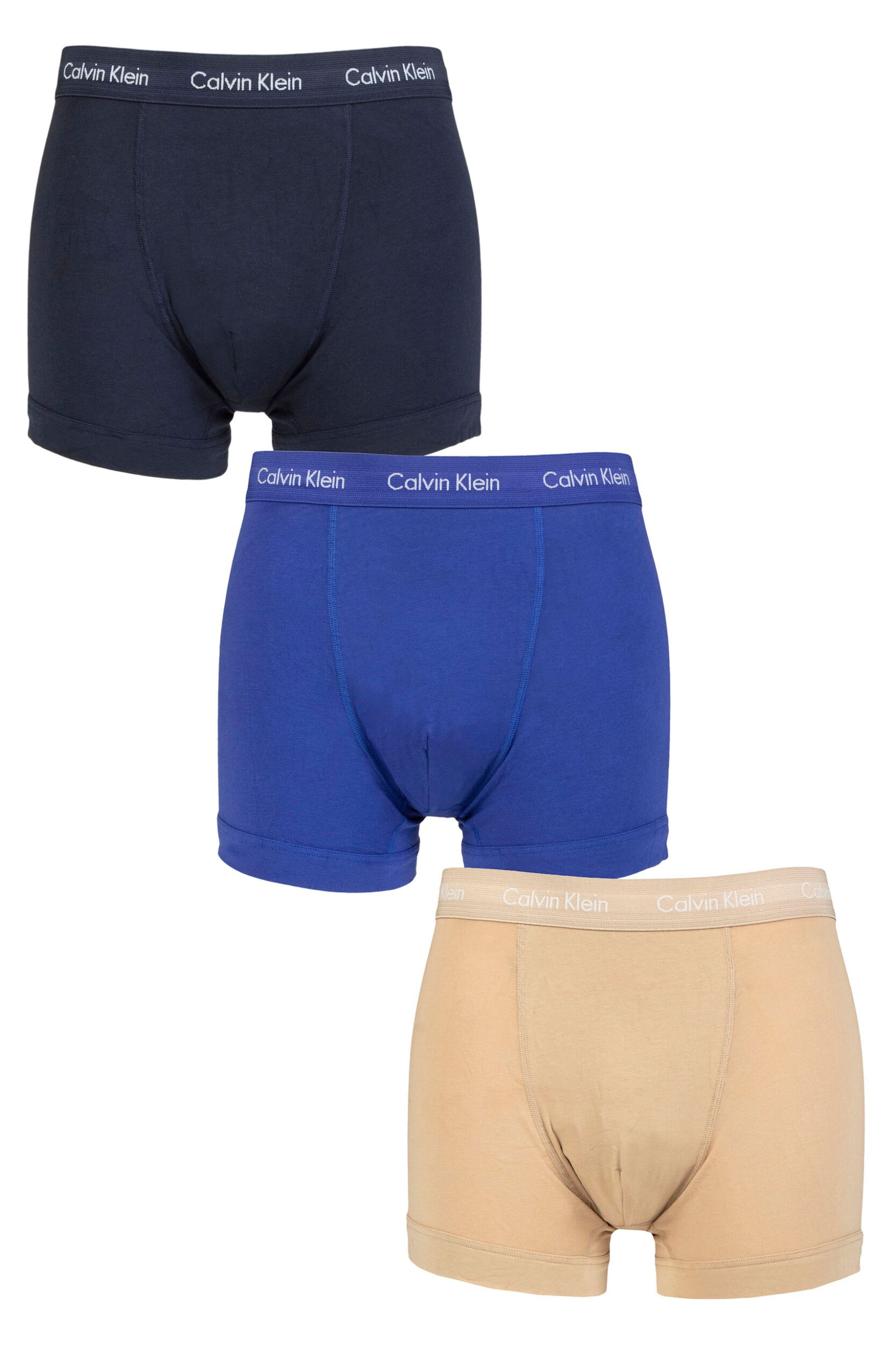 Mens 3 Pack Calvin Klein Cotton Stretch Trunks Shoreline / Clematis / Travertine M