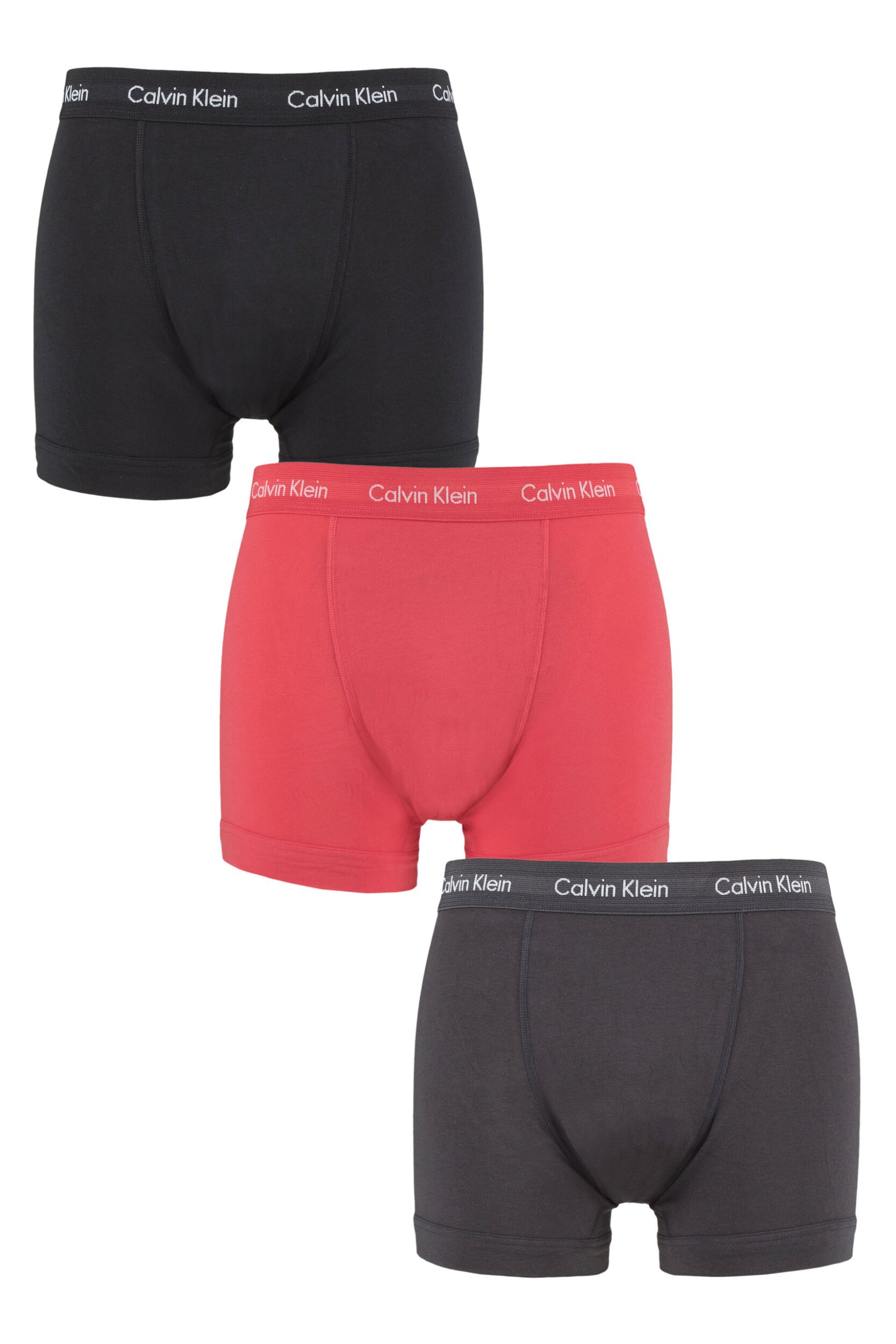 Mens 3 Pack Calvin Klein Cotton Stretch Trunks Black / Coral / Phantom Extra Small