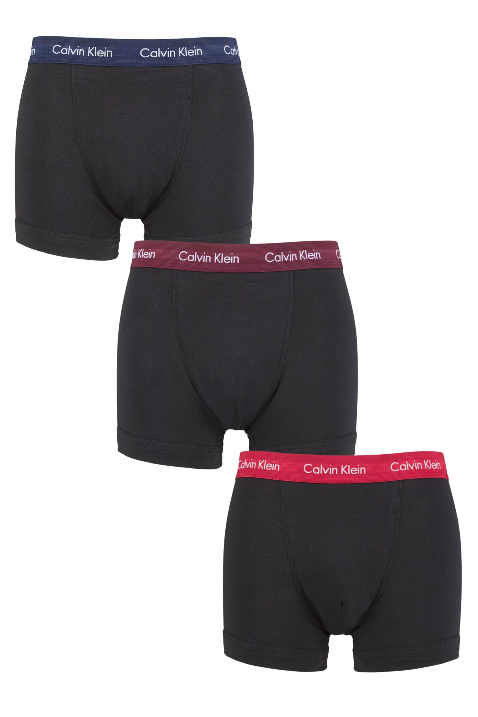 Mens 3 Pack Calvin Klein Cotton Stretch Trunks Navy / Lush Burgundy / Red Gala Extra Small