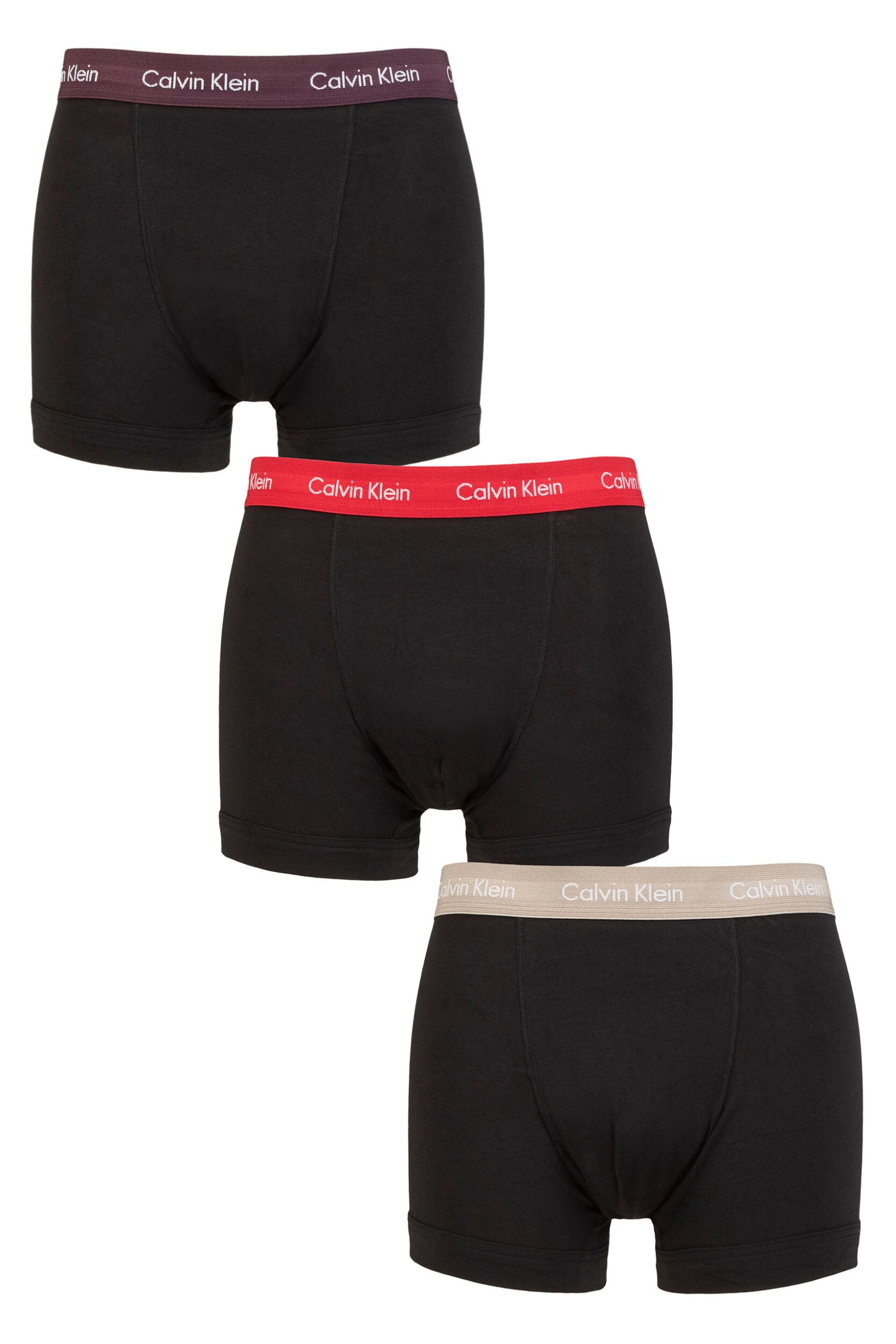 Mens 3 Pack Calvin Klein Cotton Stretch Trunks Plum / Berry  / Grey S