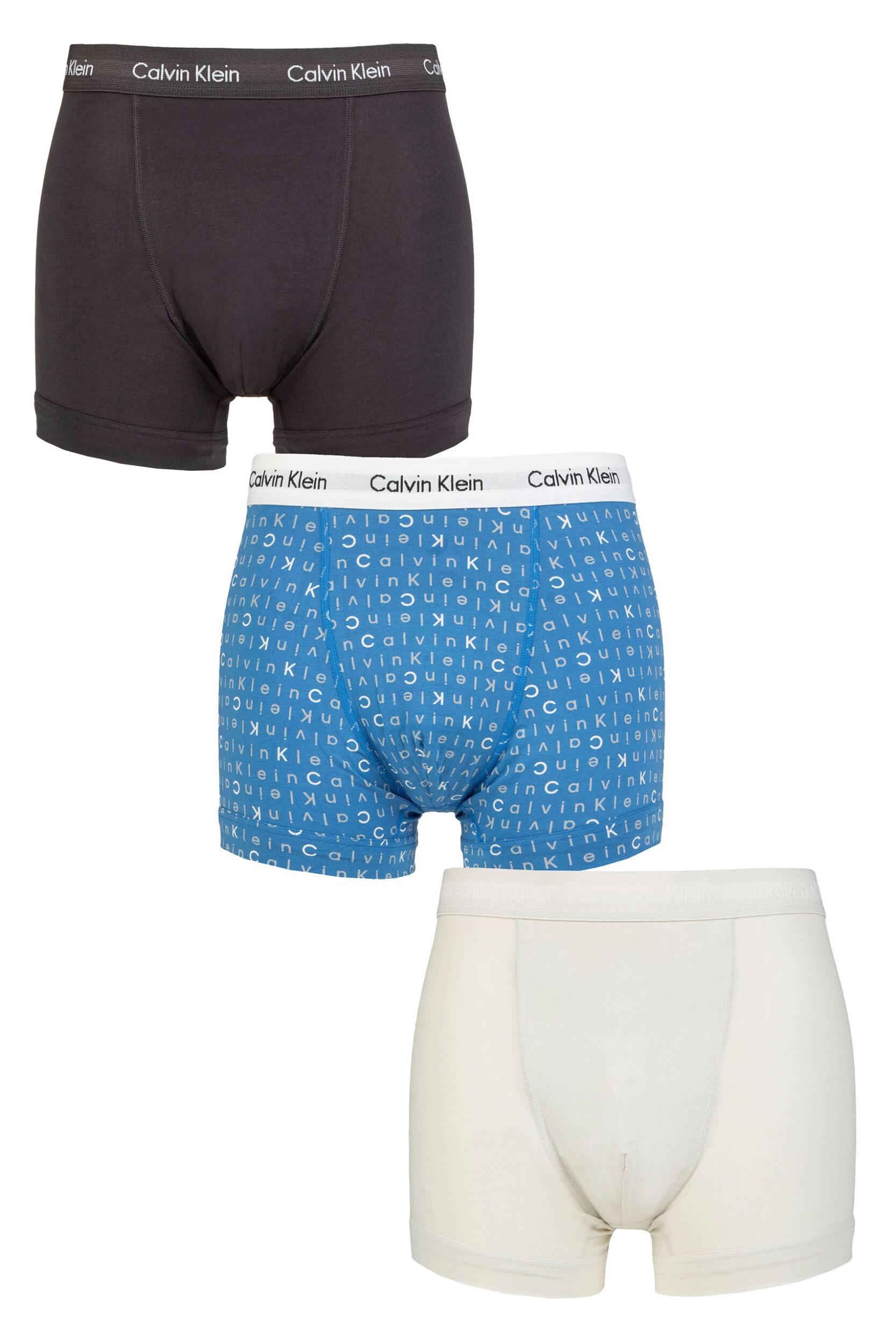 Mens 3 Pack Calvin Klein Cotton Stretch Trunks Black / Blue / Grey S