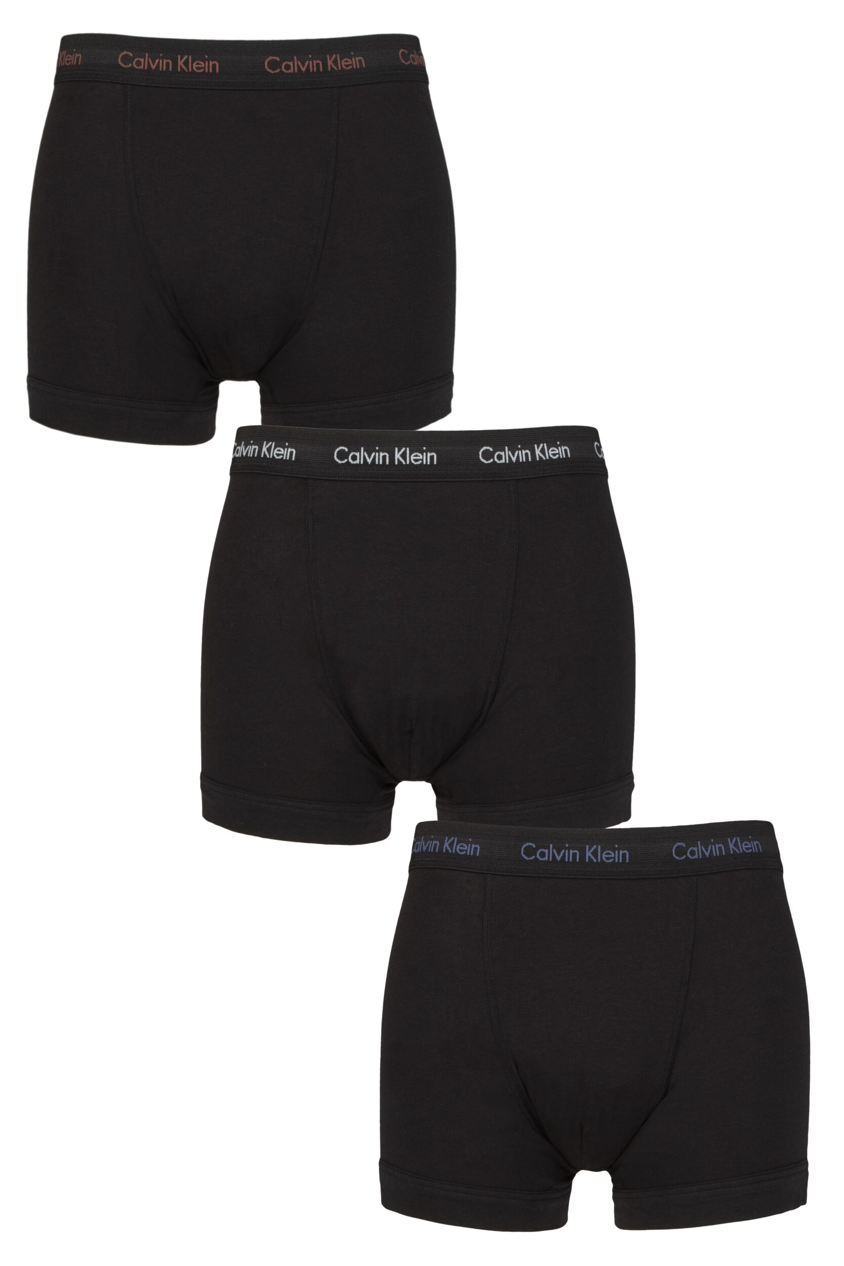 Image of Mens 3 Pack Calvin Klein Cotton Stretch Trunks Marron / Skyway / Navy Logos XL