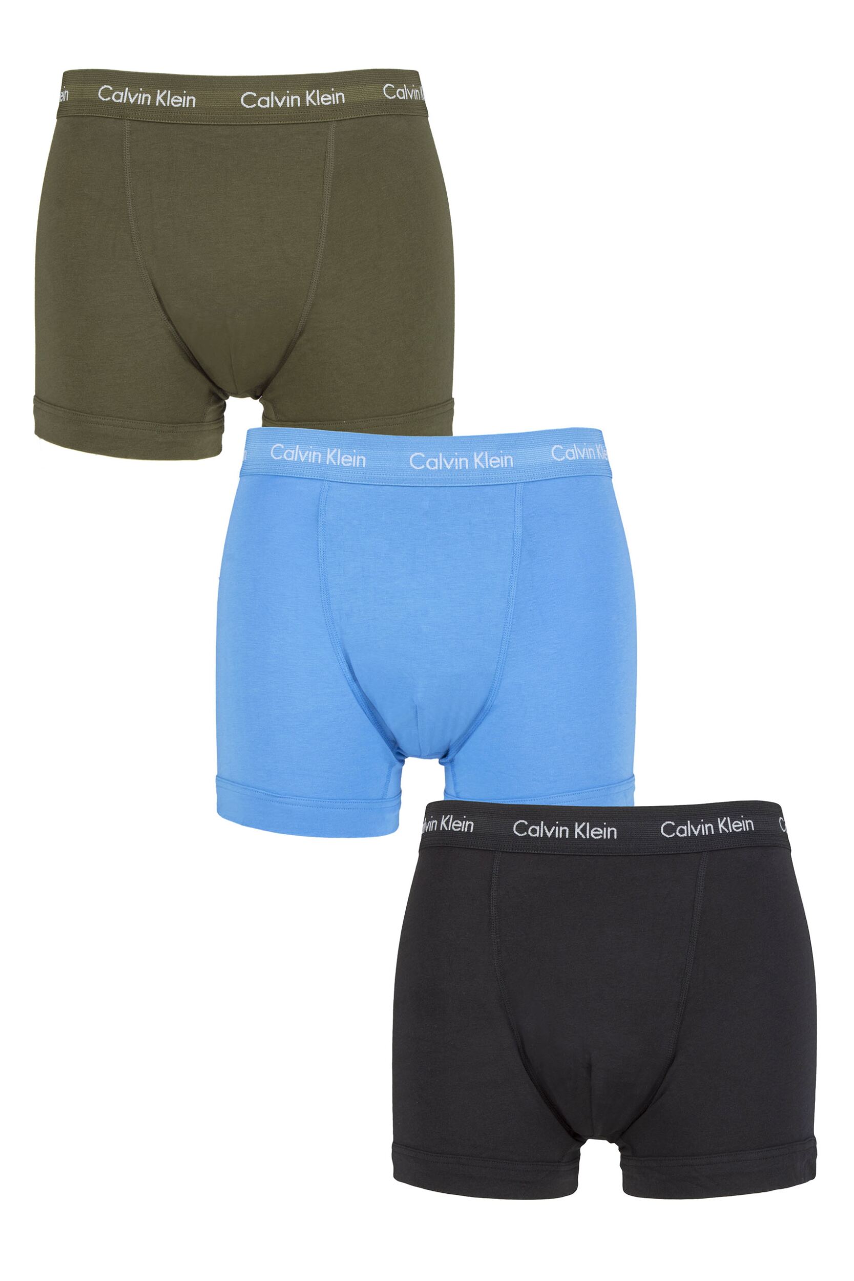 Mens 3 Pack Calvin Klein Cotton Stretch Trunks Dusk Green / Copenhagen Blue / Black Extra Small 24-26 inch