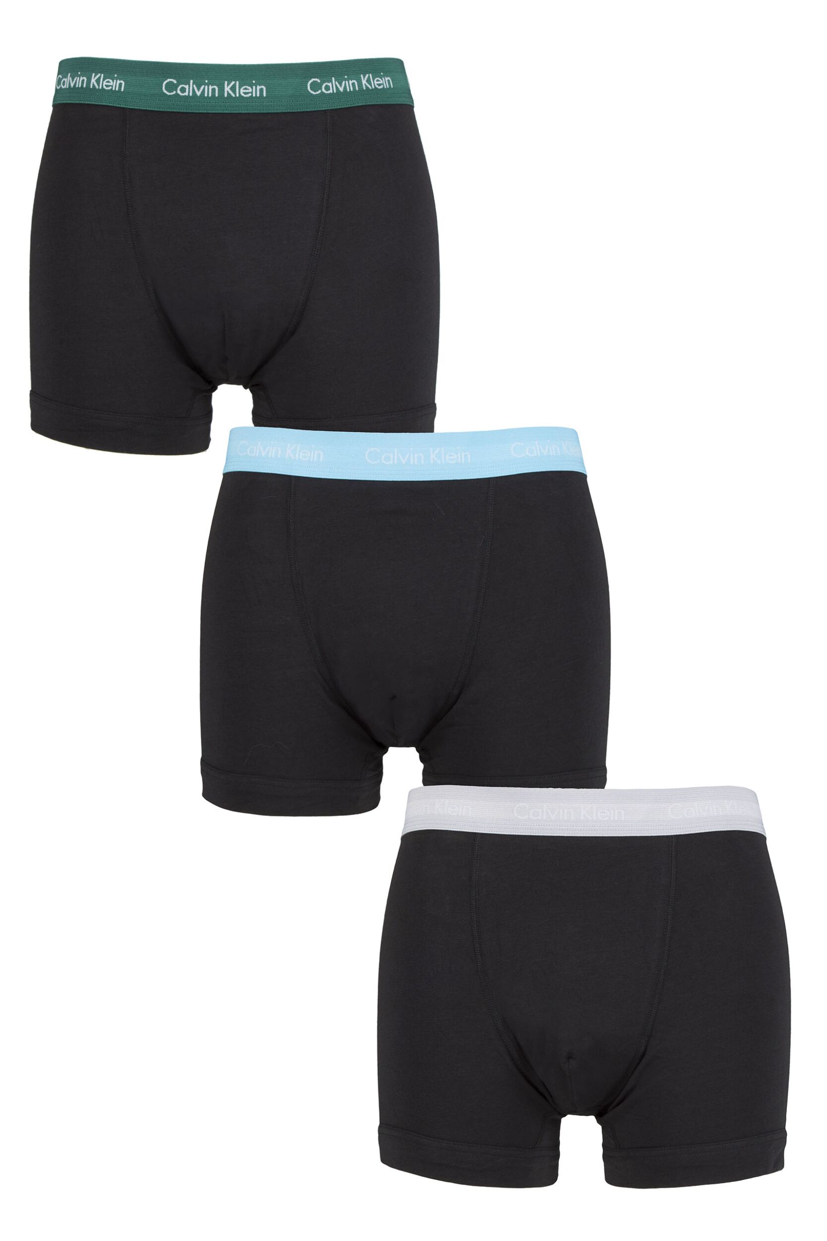 Mens 3 Pack Calvin Klein Cotton Stretch Trunks Jade / Sky High / Sleek Silver Extra Small 24-26 inch