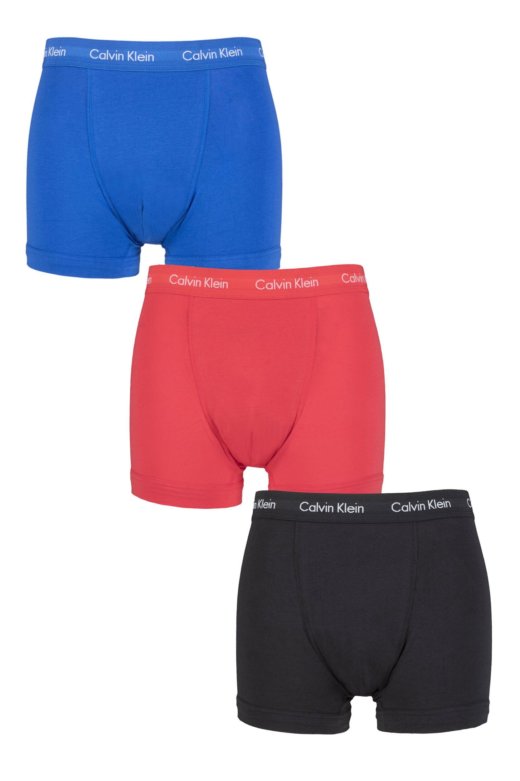 Mens 3 Pack Calvin Klein Cotton Stretch Trunks Kettle Blue / Strawberry Field / Black Extra Small