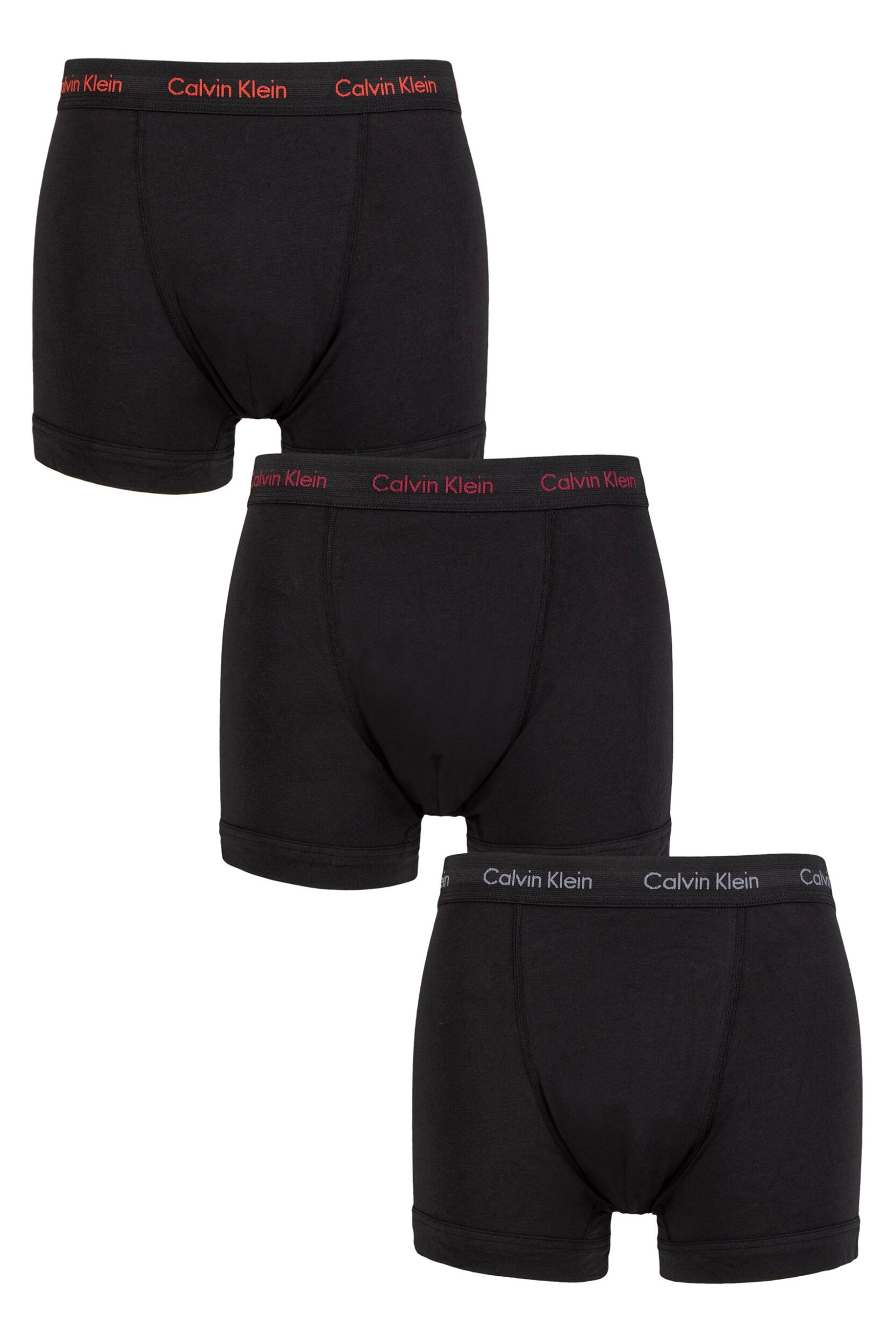 Mens 3 Pack Calvin Klein Cotton Stretch Trunks Red / Pewter / Winterberry XS