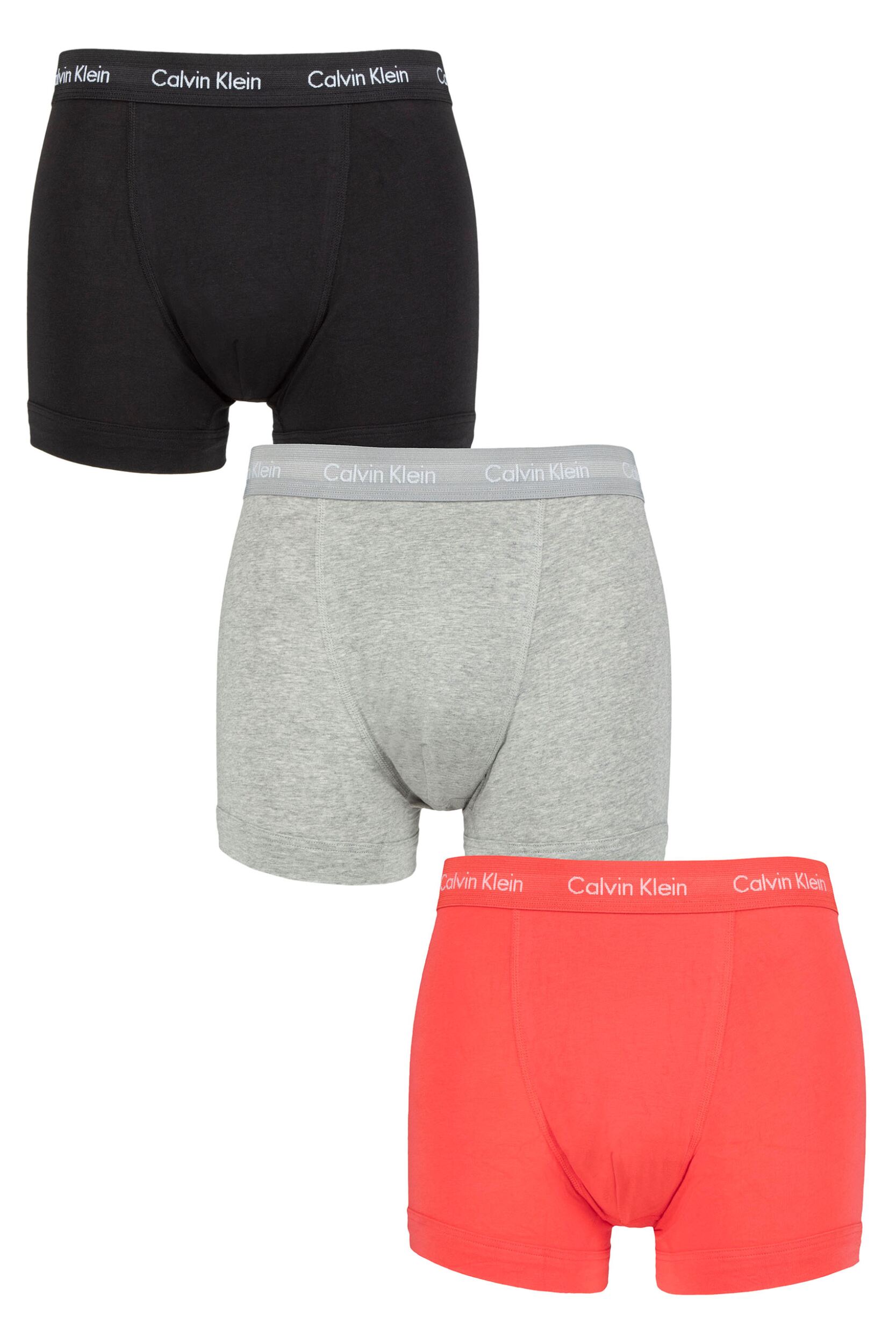 Mens 3 Pack Calvin Klein Cotton Stretch Trunks Black / Grey Heather / Punch Pink XS