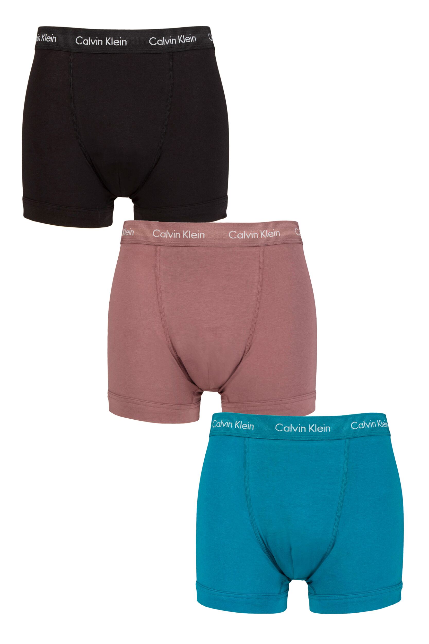 Mens 3 Pack Calvin Klein Cotton Stretch Trunks Black / Capri Rose / Ocean Depths S