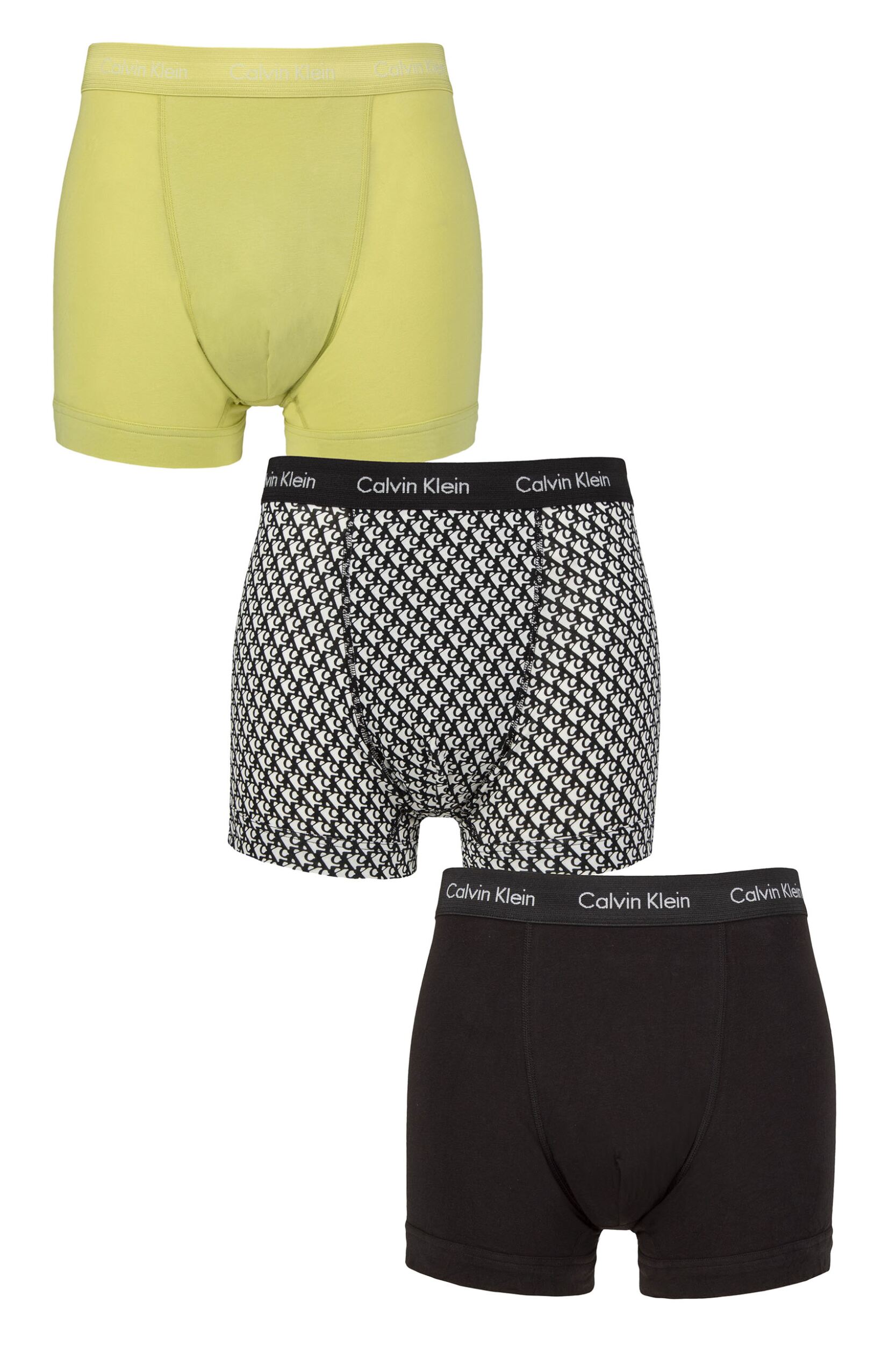 Image of Mens 3 Pack Calvin Klein Cotton Stretch Trunks Green Bloom / Plush Monogram White XL
