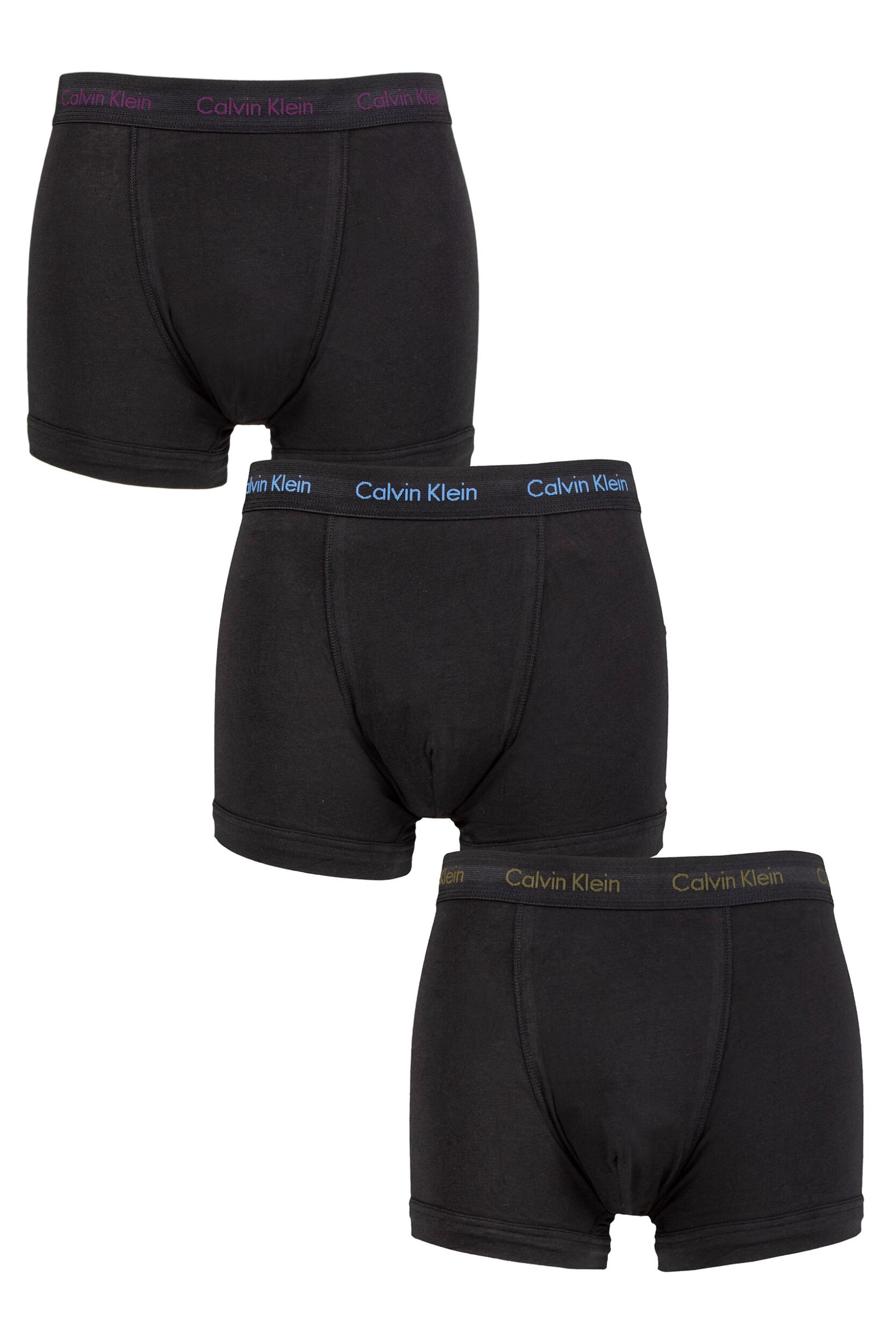 Image of Mens 3 Pack Calvin Klein Cotton Stretch Trunks Purple / Active Blue / Army Logo XS