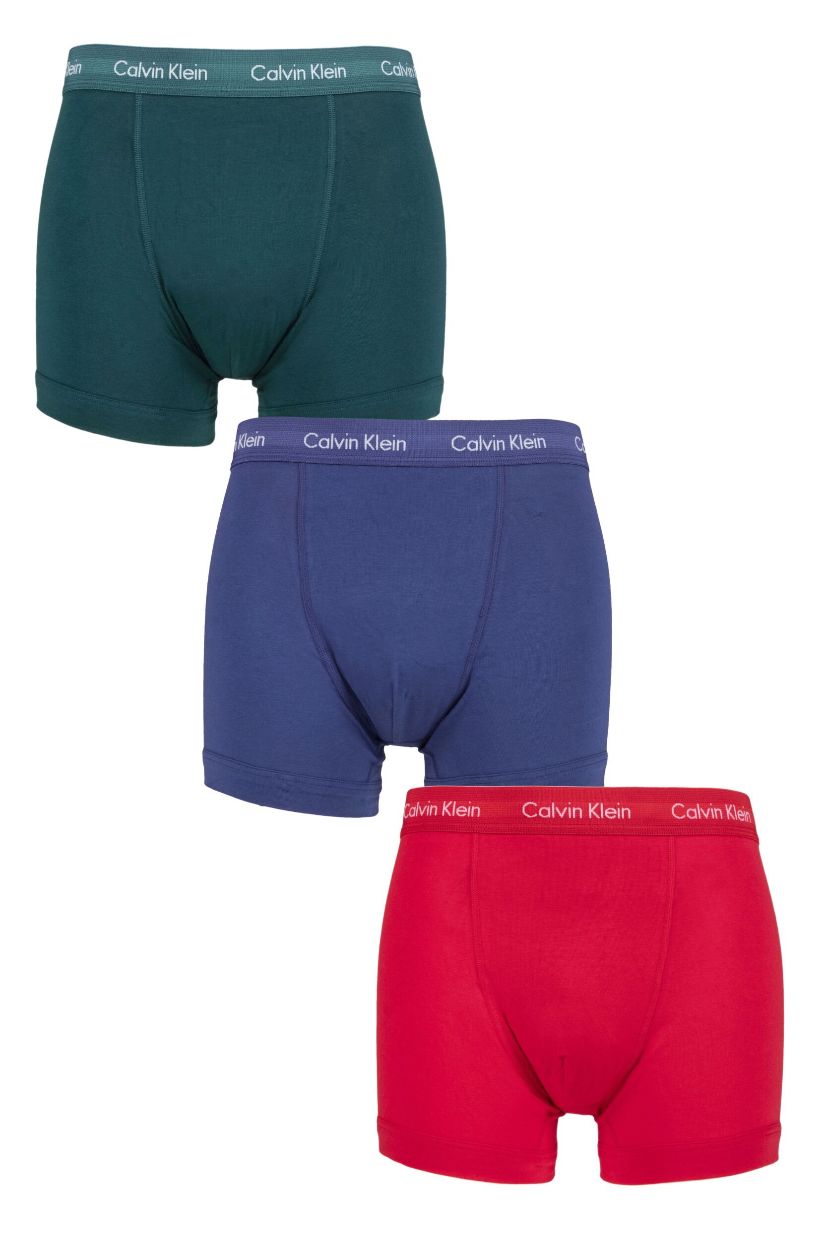 Mens 3 Pack Calvin Klein Cotton Stretch Trunks Maya Blue / Soft Grape / Rustic Red XS