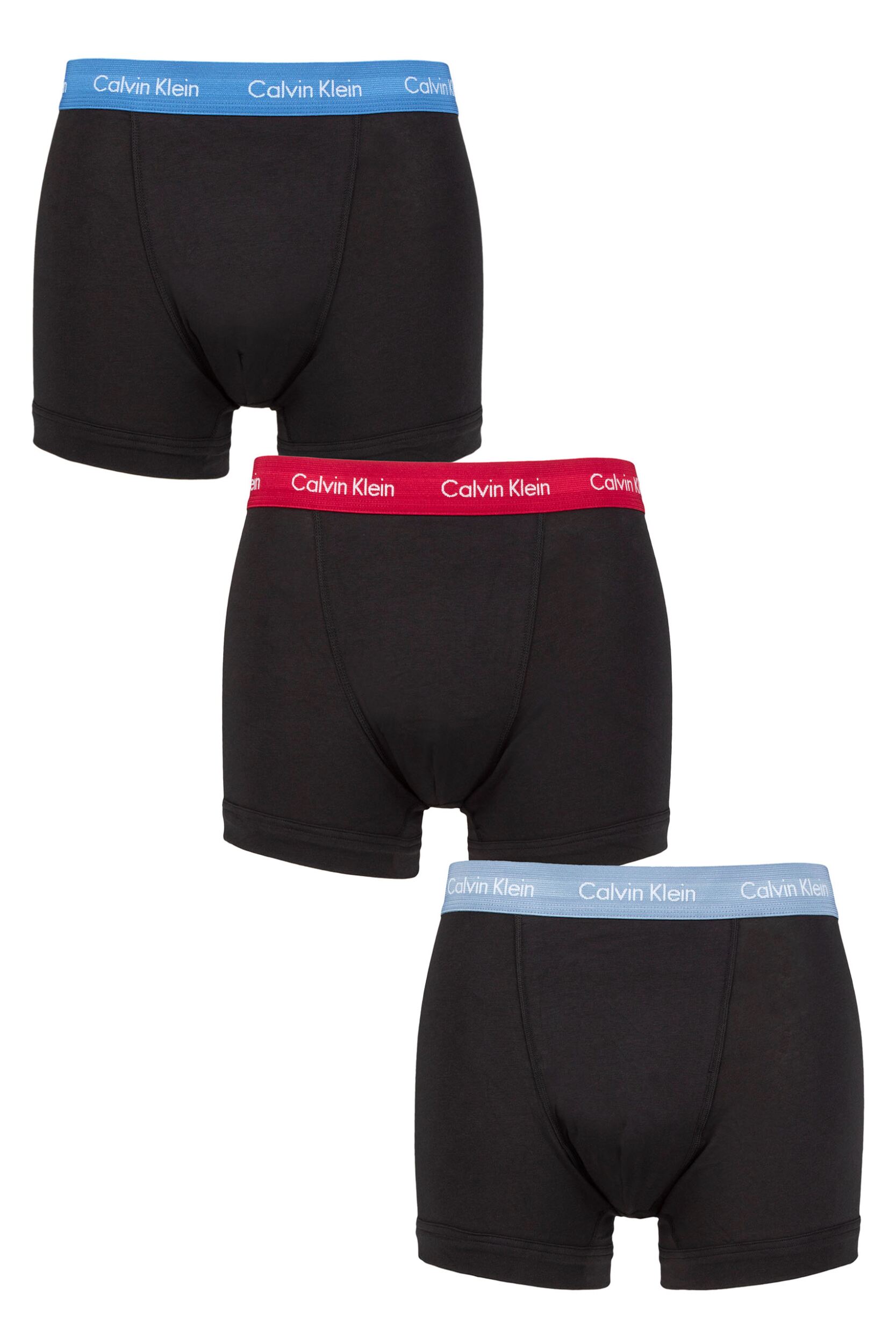Mens 3 Pack Calvin Klein Cotton Stretch Trunks Cobalt / Rebellious / Dusty Sailor XS