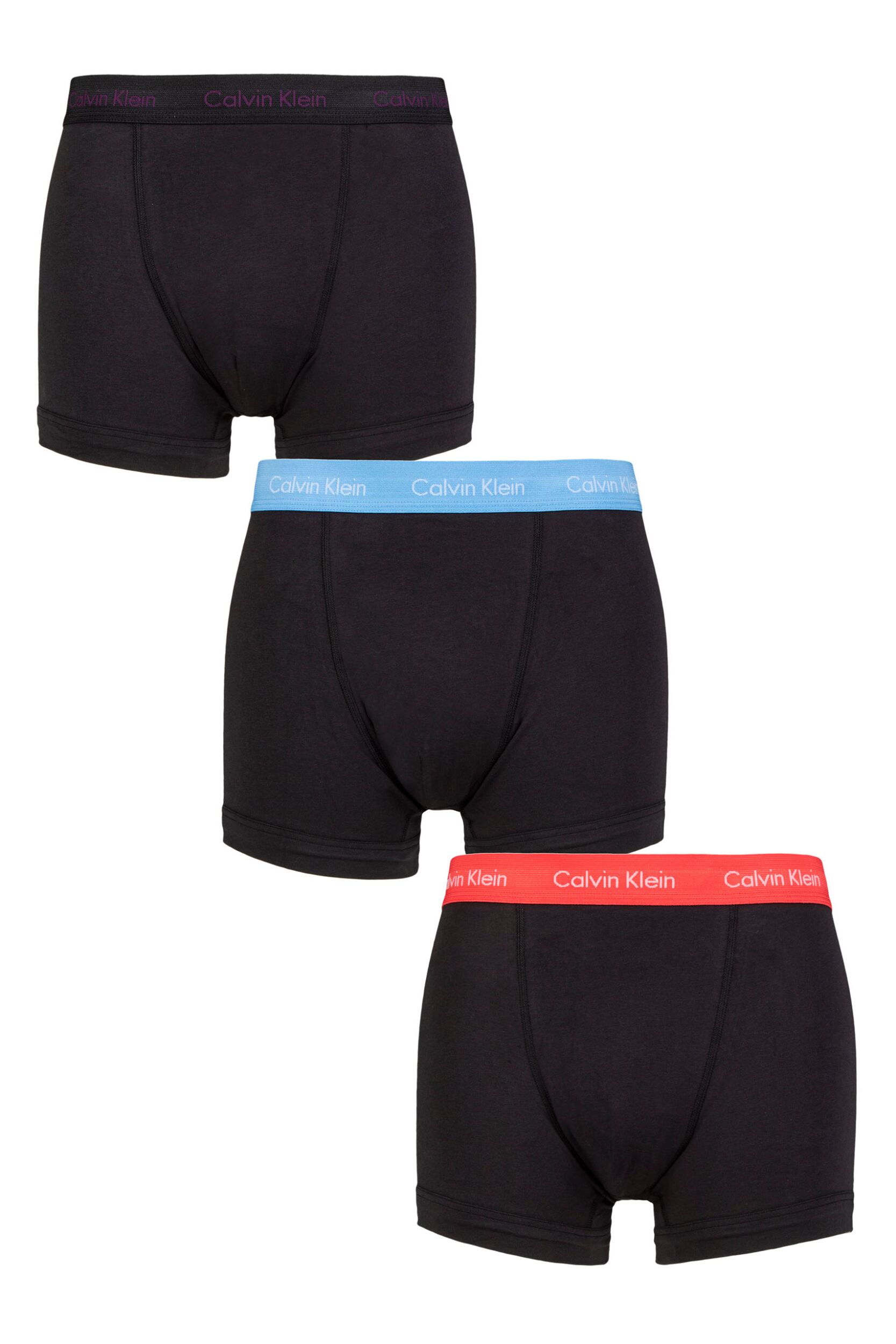 Image of Mens 3 Pack Calvin Klein Cotton Stretch Trunks Purple / Blue Burst / Strawberry Field M