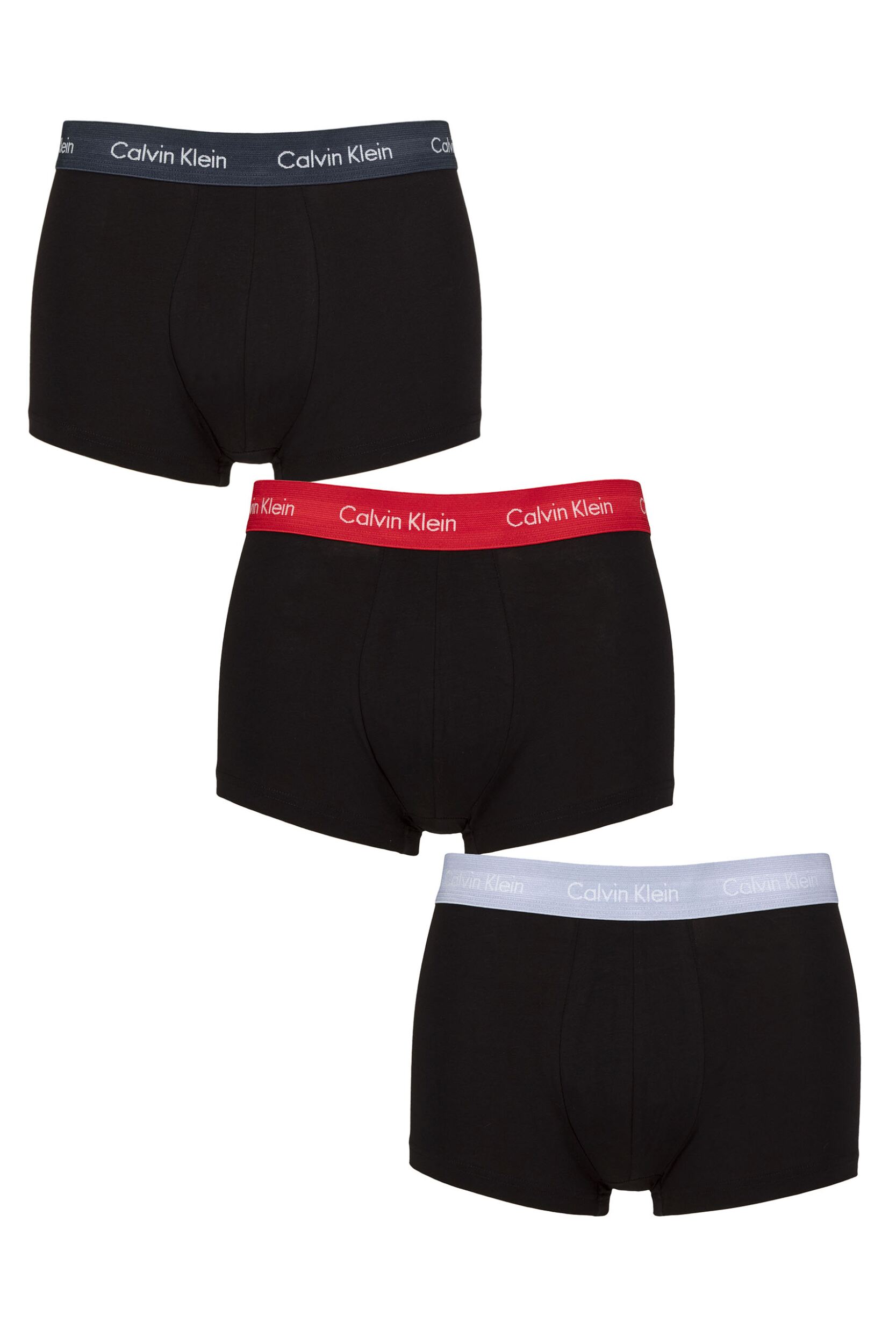 Image of Mens 3 Pair Calvin Klein Low Rise Trunks Black / Ink / Adrenaline XL