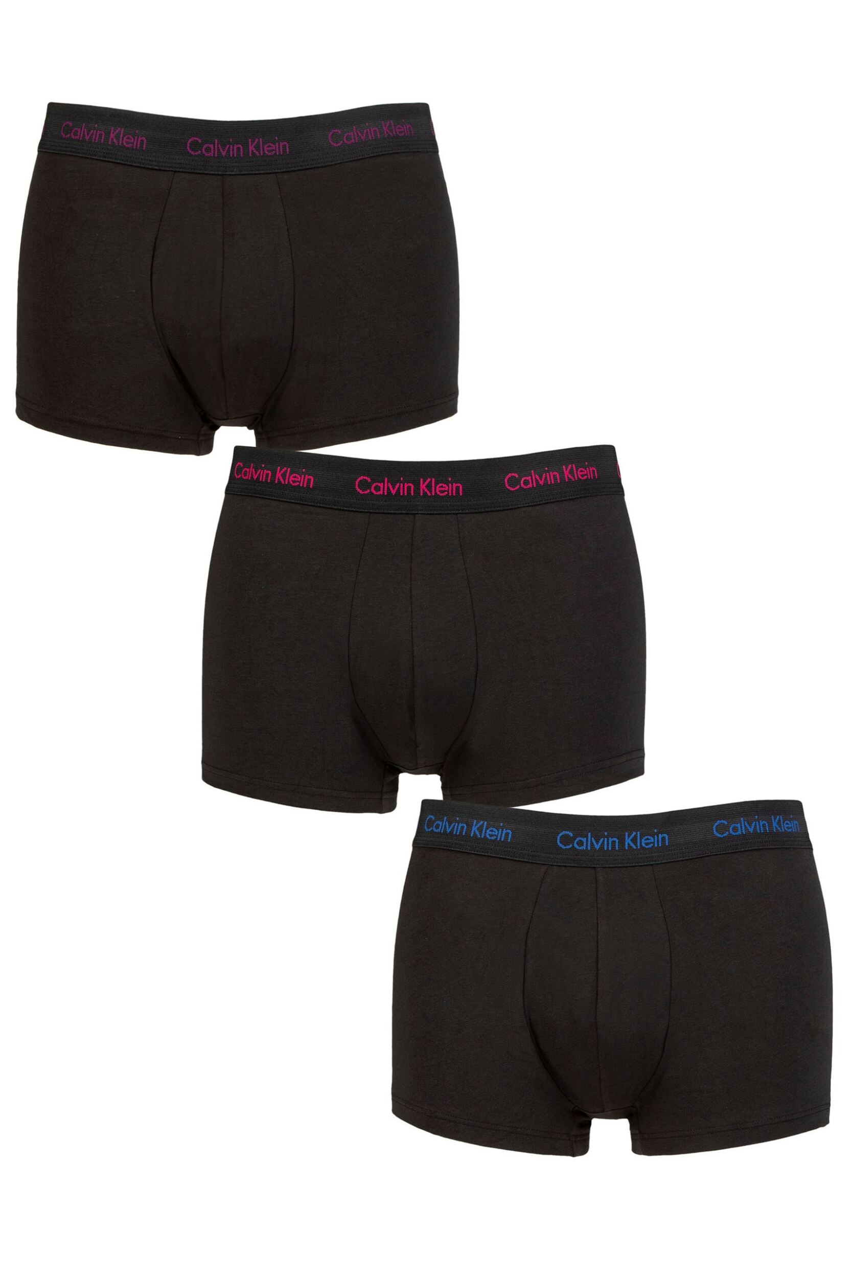 Image of Mens 3 Pair Calvin Klein Low Rise Trunks Black / Groovy Plum XS