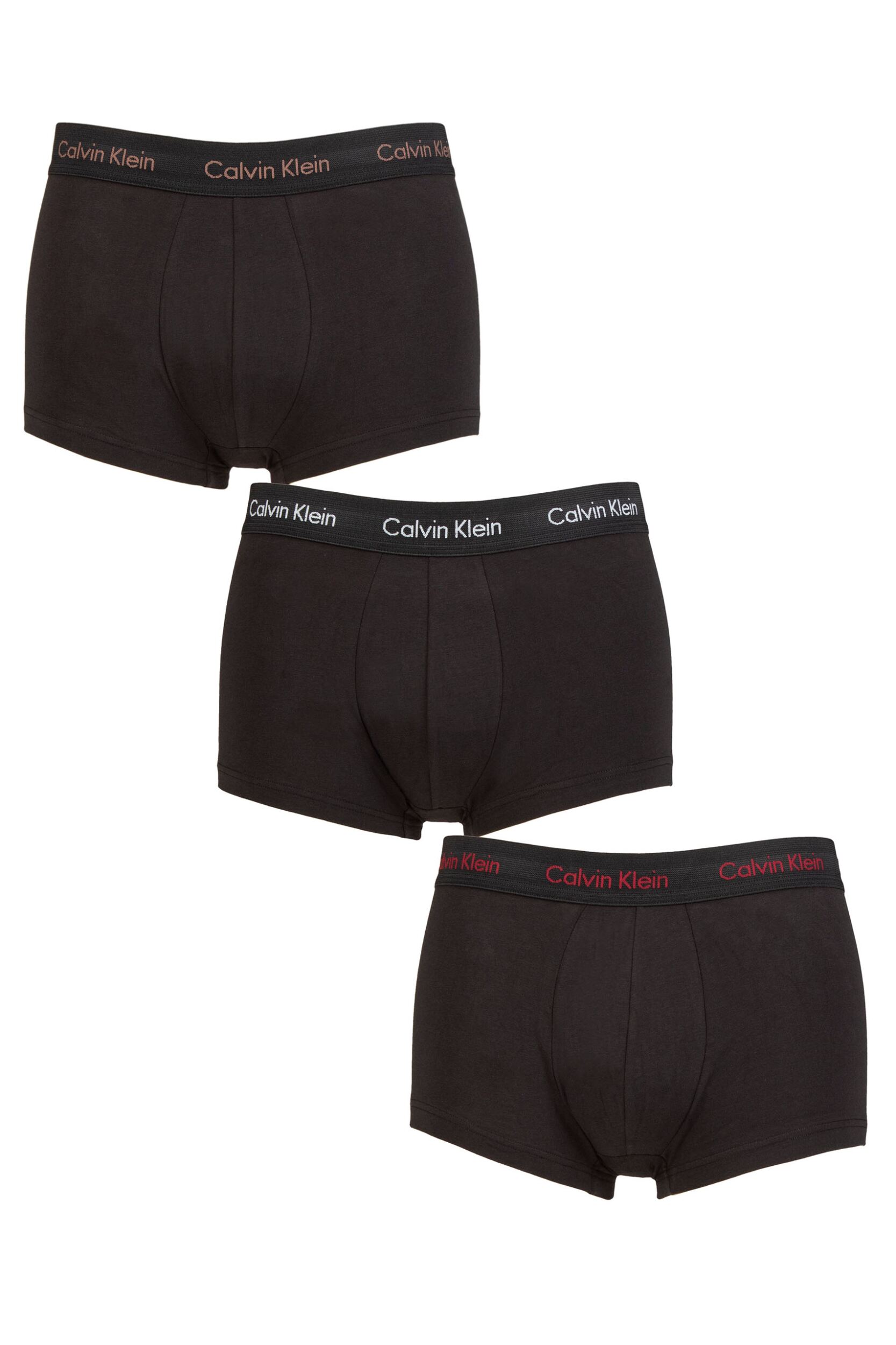 Mens 3 Pair Calvin Klein Low Rise Trunks Bright Camel / White / Red Carpet XL