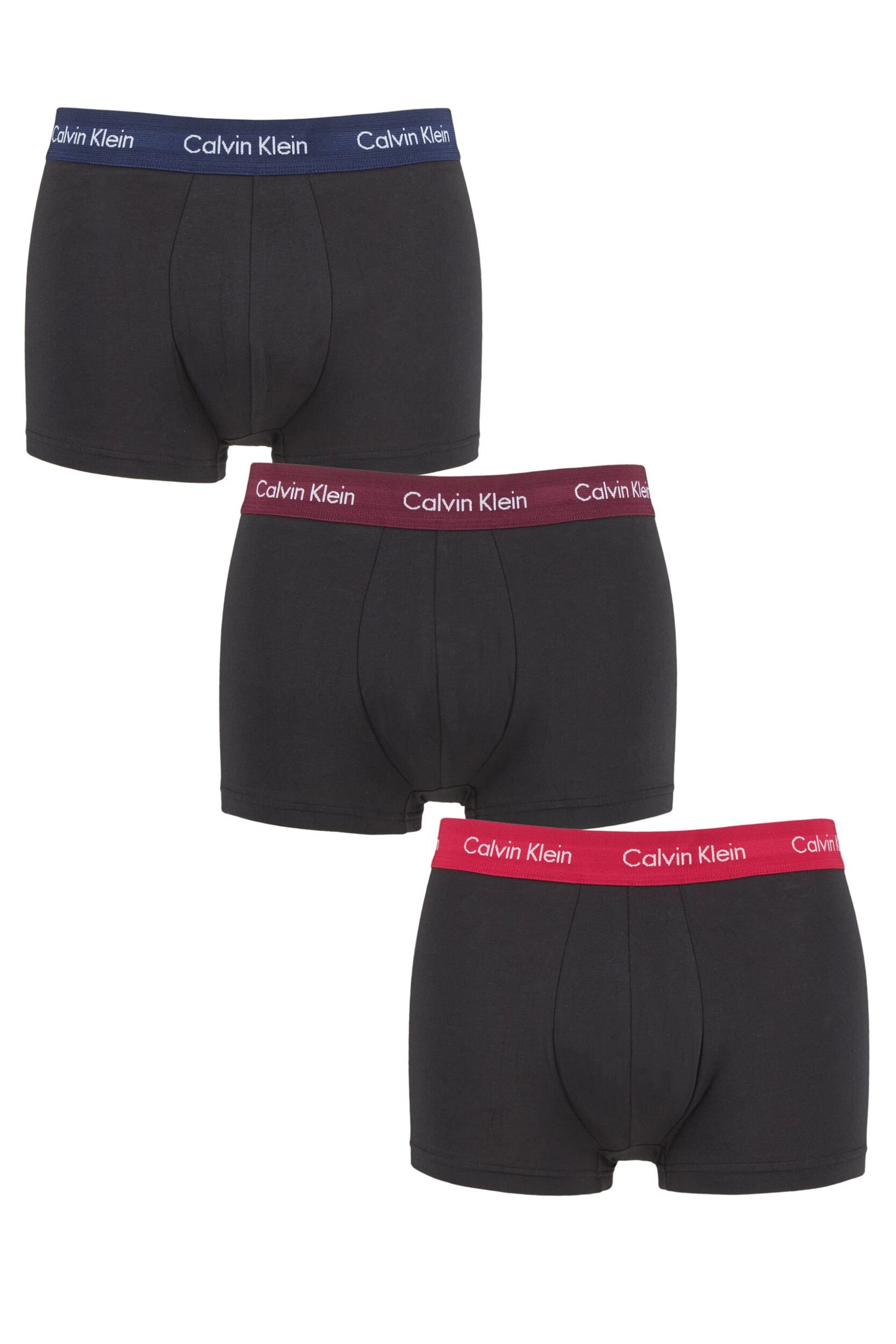 Image of Mens 3 Pair Calvin Klein Low Rise Trunks Navy / Lush Burgundy / Red Logo