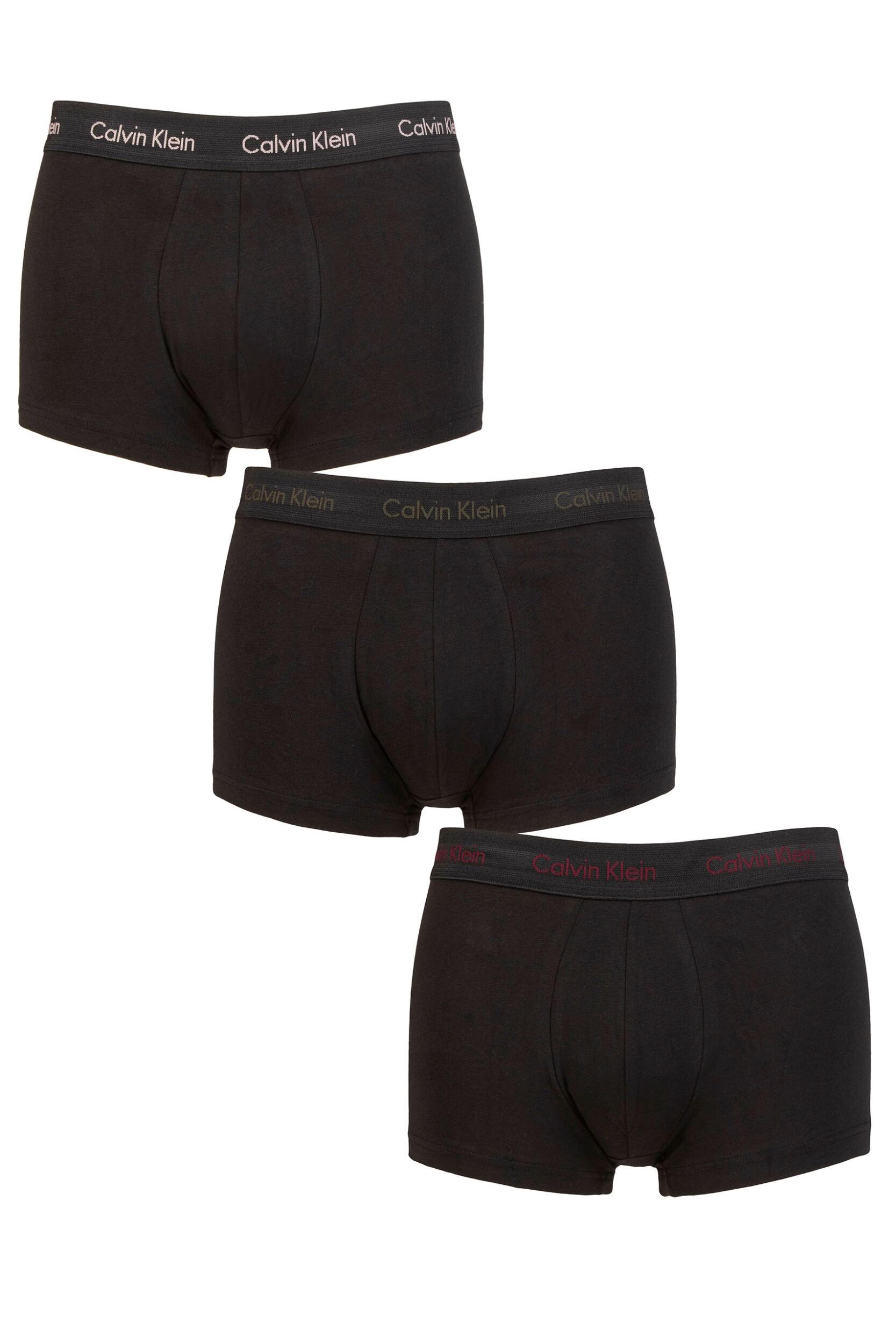Image of Mens 3 Pair Calvin Klein Low Rise Trunks Woodrose / Olive / Deep Rouge L