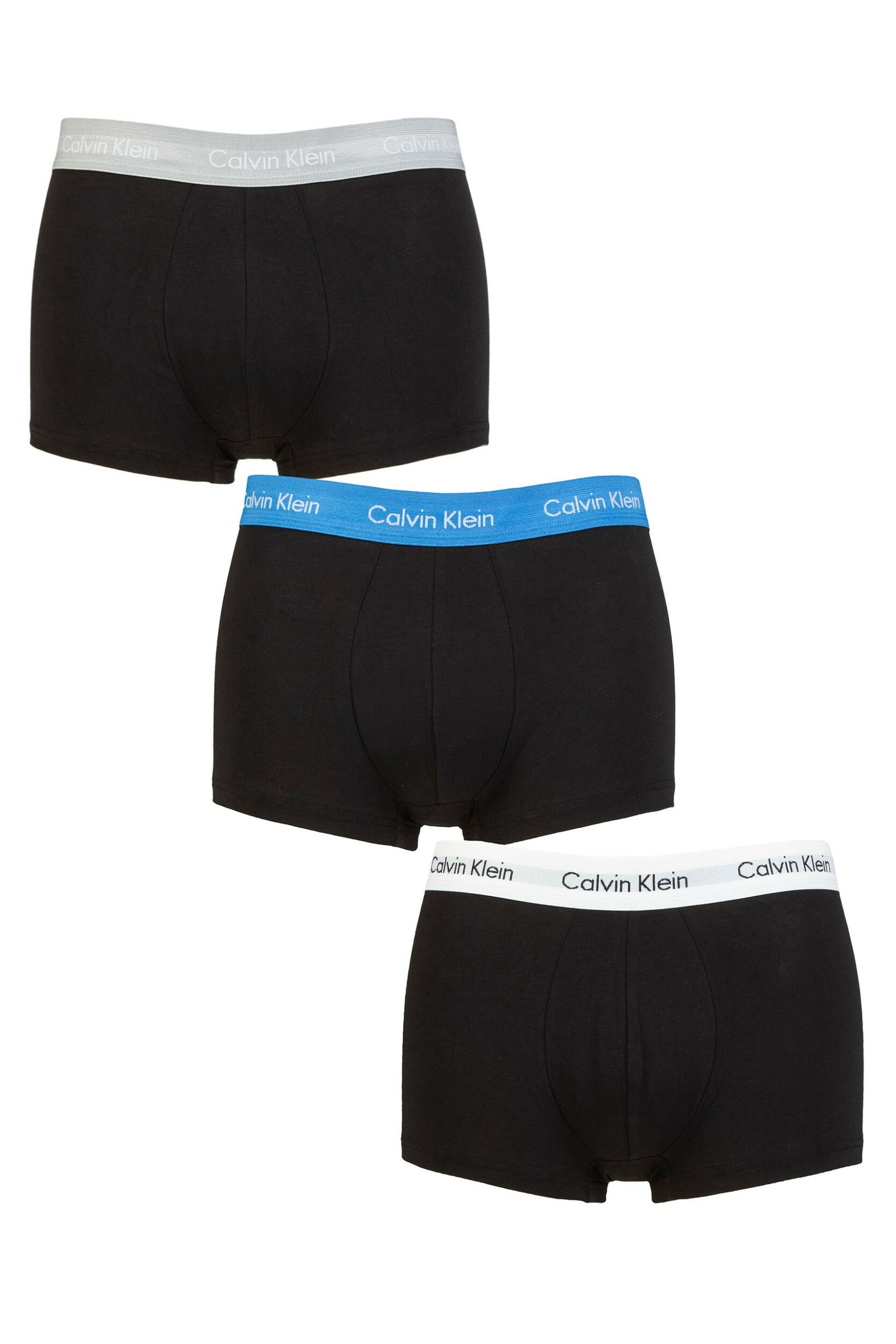 Image of Mens 3 Pair Calvin Klein Low Rise Trunks Grey Heather / White / Palace Blue XL