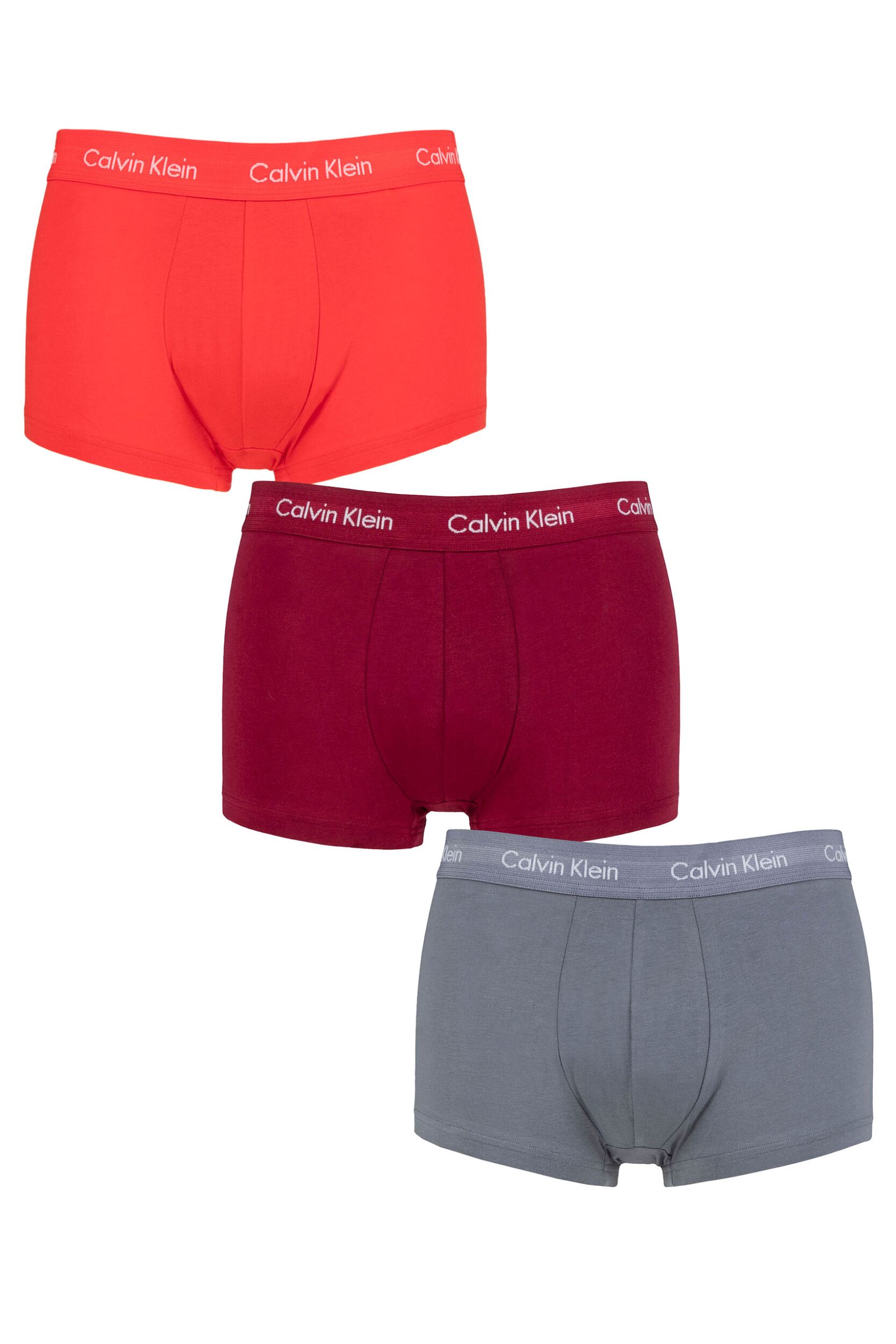Mens 3 Pair Calvin Klein Low Rise Trunks Wave Light Red / Pewter / Winterberry XS