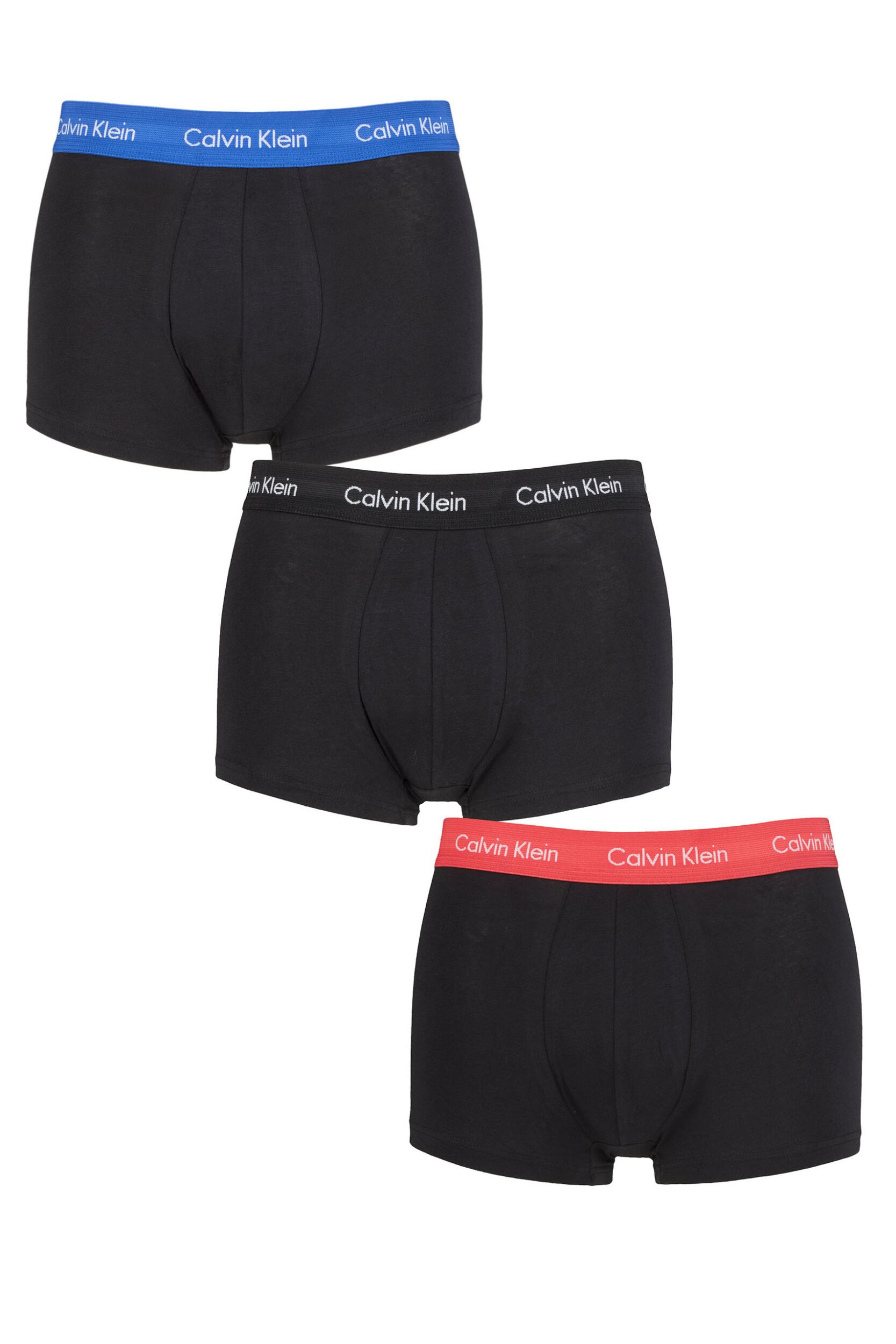 Mens 3 Pair Calvin Klein Low Rise Trunks Blue / Strawberry Field / Black Extra Small