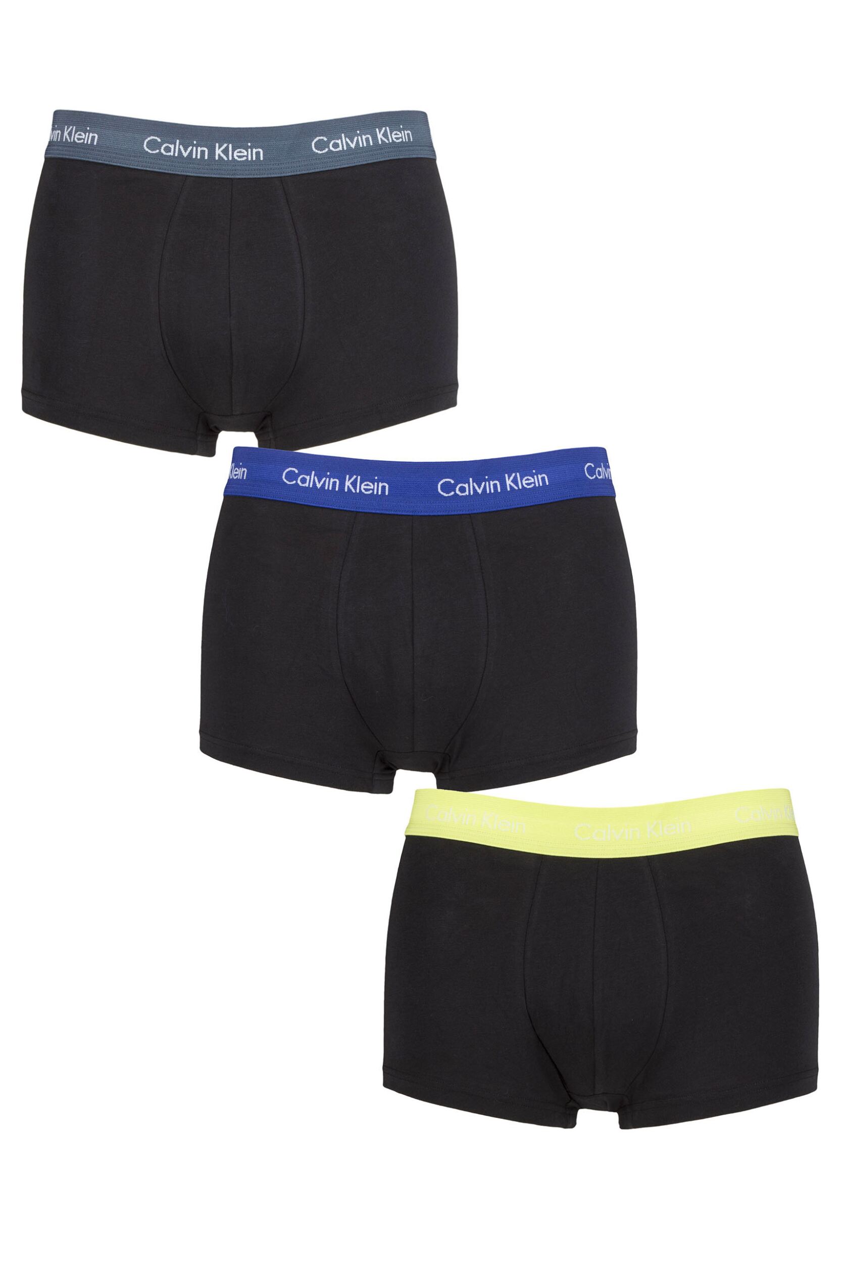 Mens 3 Pair Calvin Klein Low Rise Trunks Hemisphere / Direct Green / Blue XS