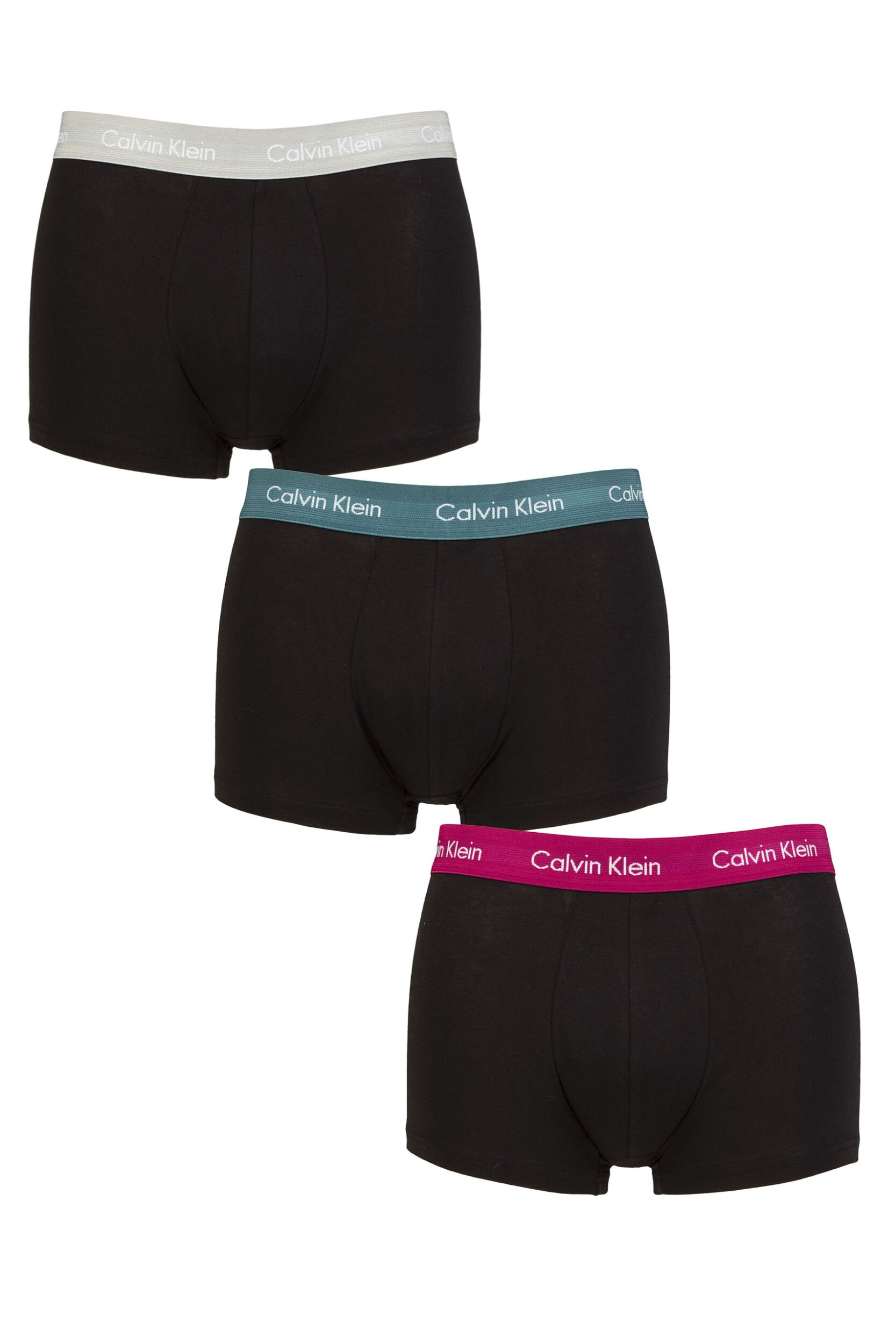 Mens 3 Pair Calvin Klein Low Rise Trunks Grey / Chesapeake Bay / Jewel XS