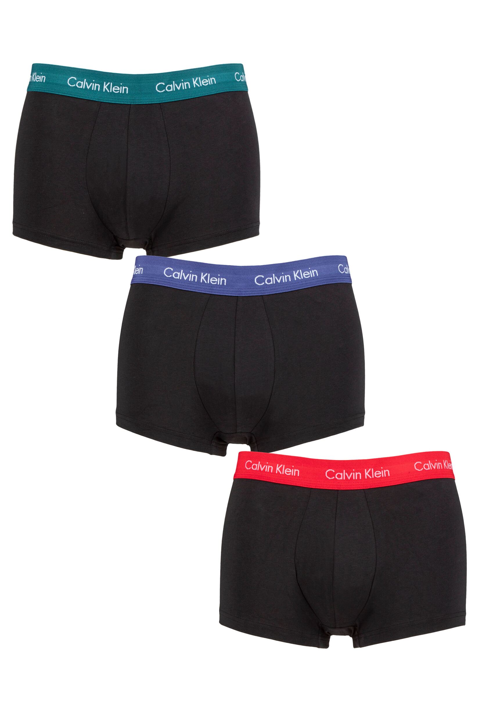 Mens 3 Pair Calvin Klein Low Rise Trunks Maya Blue / Soft Grape / Rustic Red Xs